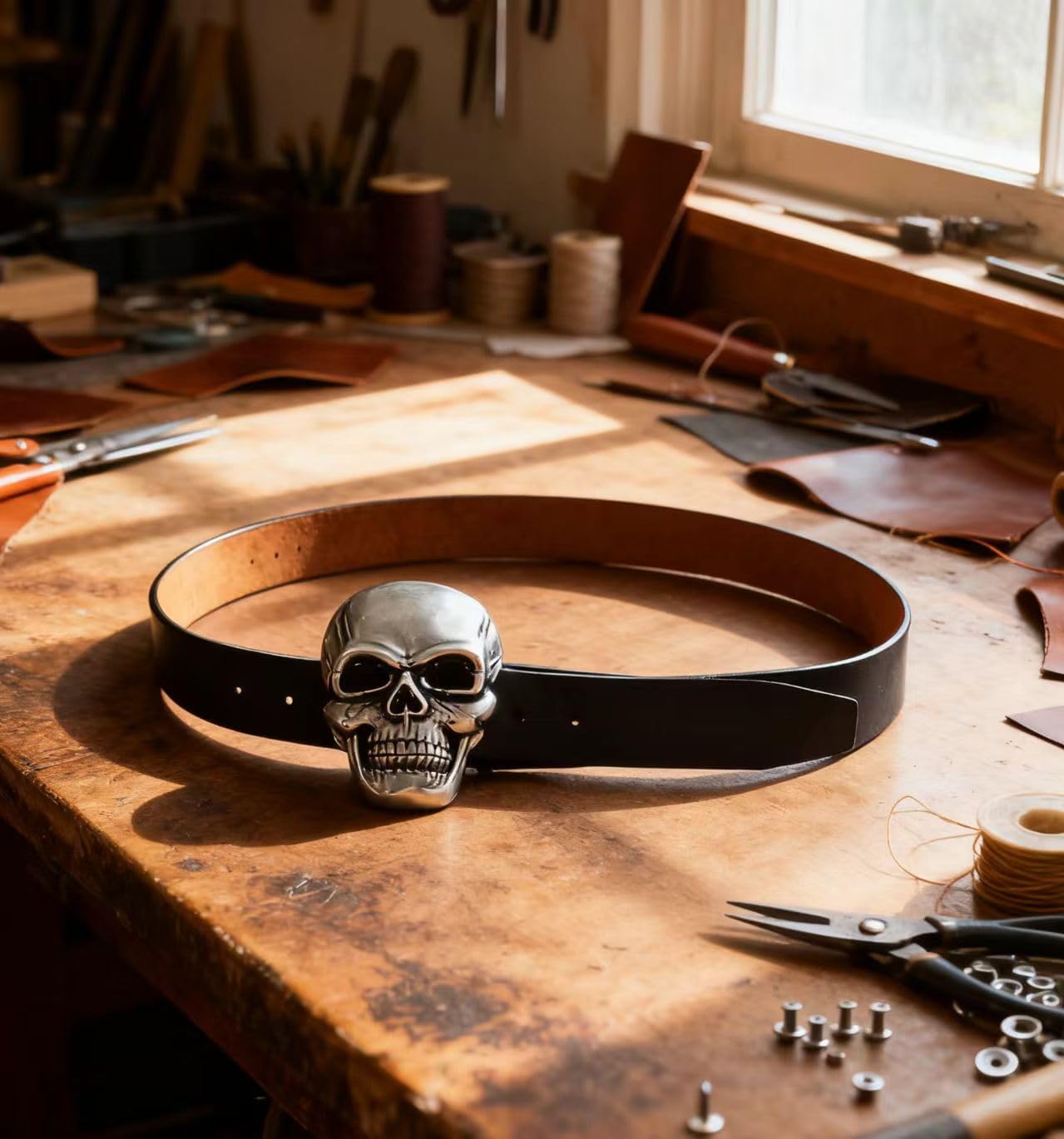 Men's Skull Head Buckle Leather Belt Waist Band, Jeans Decorative Punk Belt - Image 6