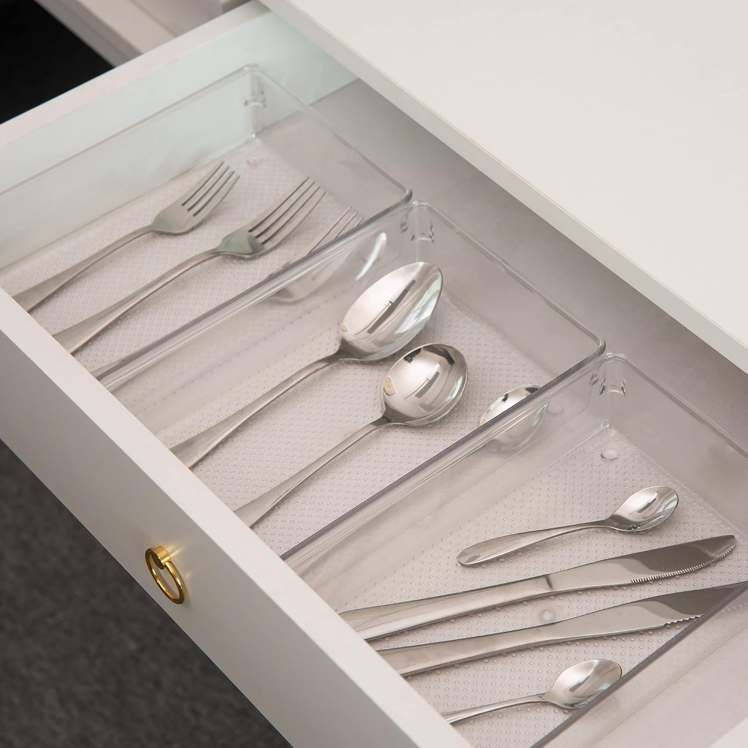 ihomecooker 3 Set Clear Plastic Junk Drawer Organizer Vanity Curlery Utensil Makeups Organizer for Kitchen 6" X9''