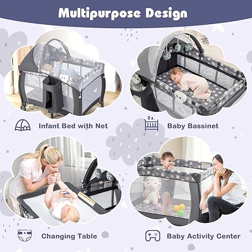 Miniatura 2 de HONEY JOY Empaca y juega con moisés, 4 en 1 portátil para bebé con cambiador, red y juguetes lindos, bolsa de almacenamiento de pañales, caja de