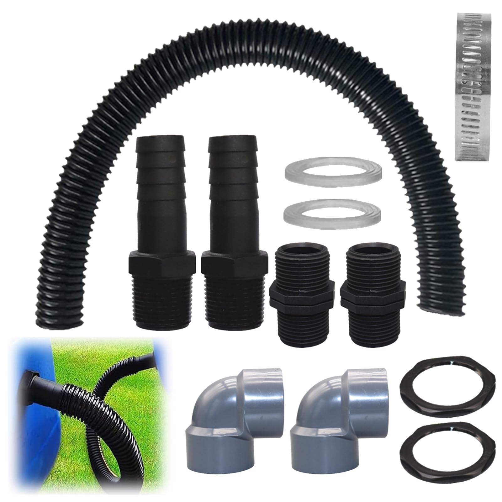 Kit De Raccordement Pour Récupérateur D'eau De Pluie - Tuyau 100 Cm, 2 Raccords 20 Mm, Perforateur Inclus