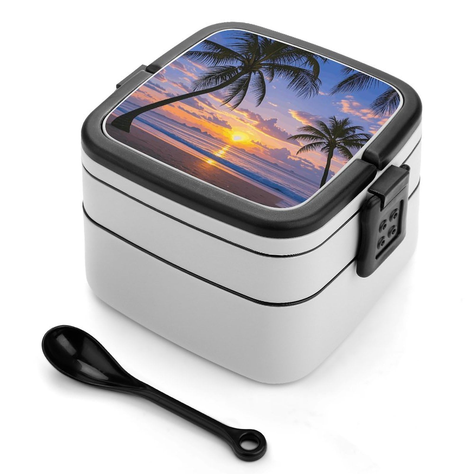 VstaDank Palm Tree Sunset Bento Box with Compartments Portable Lunch Containers with Spoon Leak Proof Bento Lunch Box Snap-On Design Double-Layer Insulated Lunch Boxes for Work Camping
