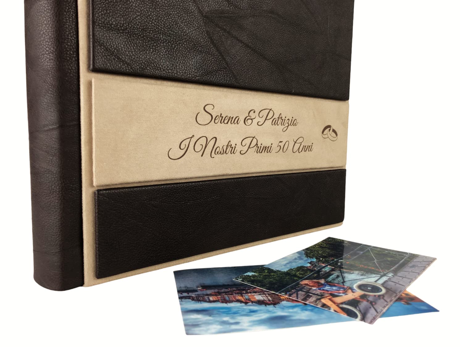 TriVin Art Album Fotografico Artigianale in Alcantara e Similpelle, Personalizzabile con Incisione. Ideale per Qualsiasi Evento. (Marrone Scuro/Avorio)