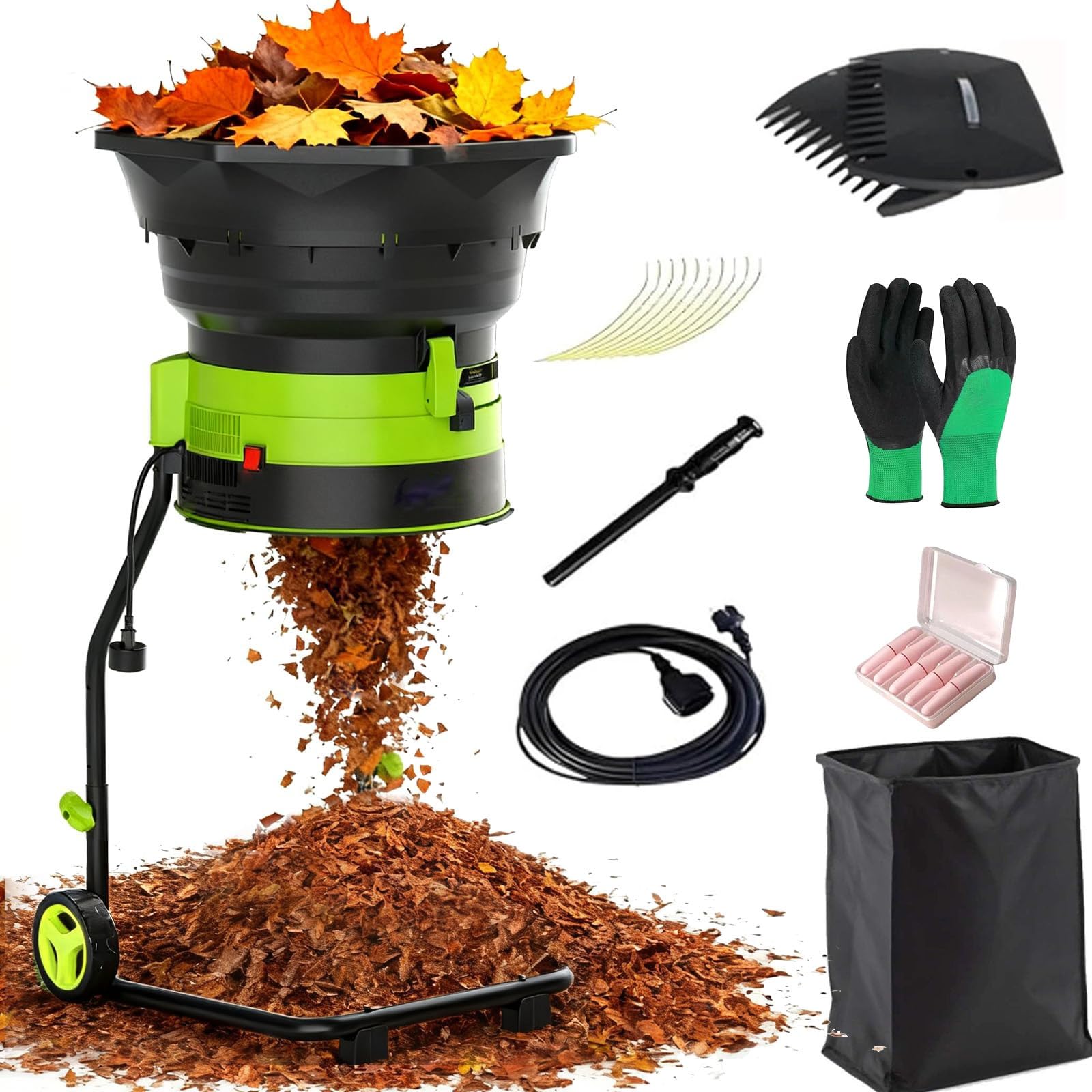 Trituradora de hojas eléctrica de 2500 W for jardín, con tolva de alimentación de 54 cm y ruedas, for uso doméstico y agrícola.(10mxpowercord)