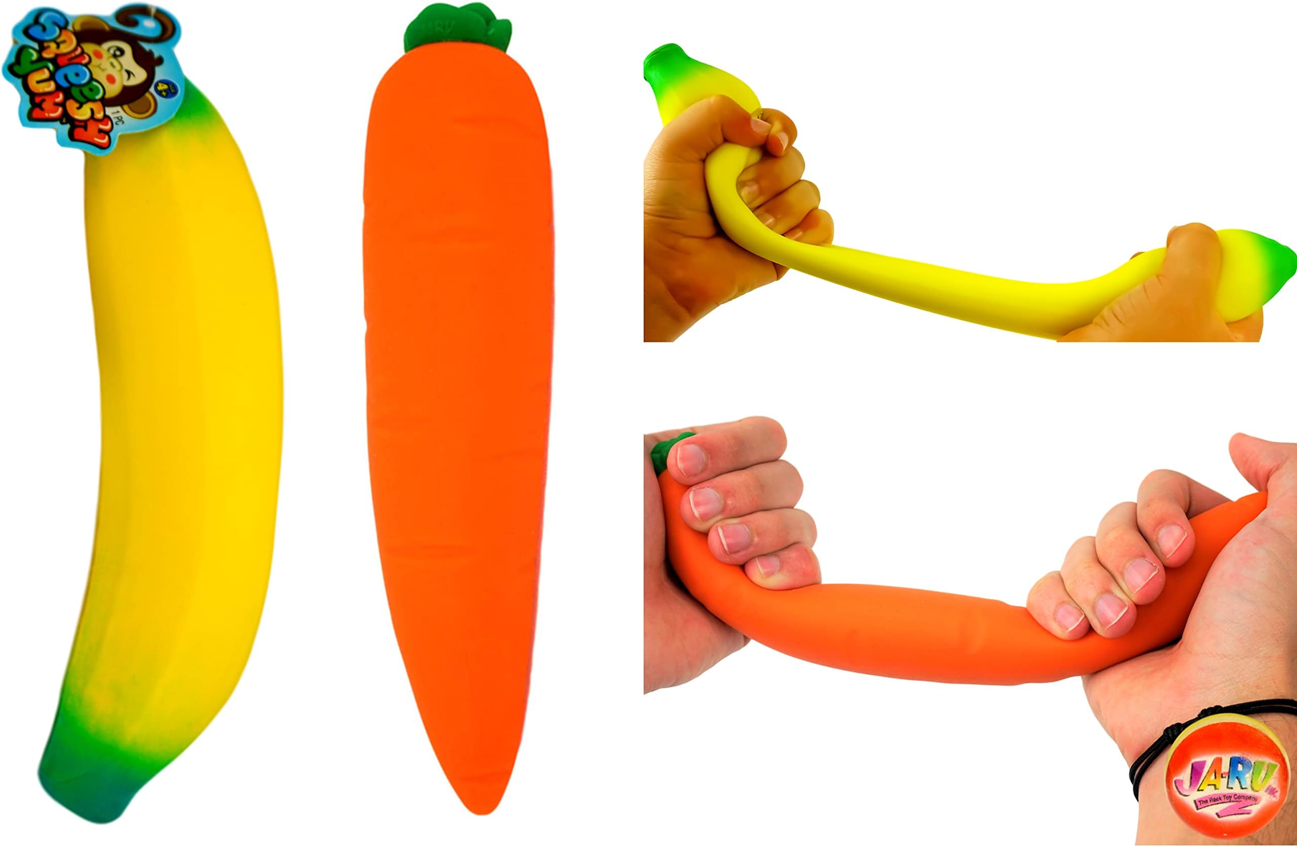 JA-RU Stretchy Banana & Squishy Carrot (2 Pack) Super Squishy Slow Rising Sensory Fidget Fruit Toys for Kids. Stress Relief Therapy Autism Toy. Bulk Party Favor Classroom Prizes. 3340-3342p
