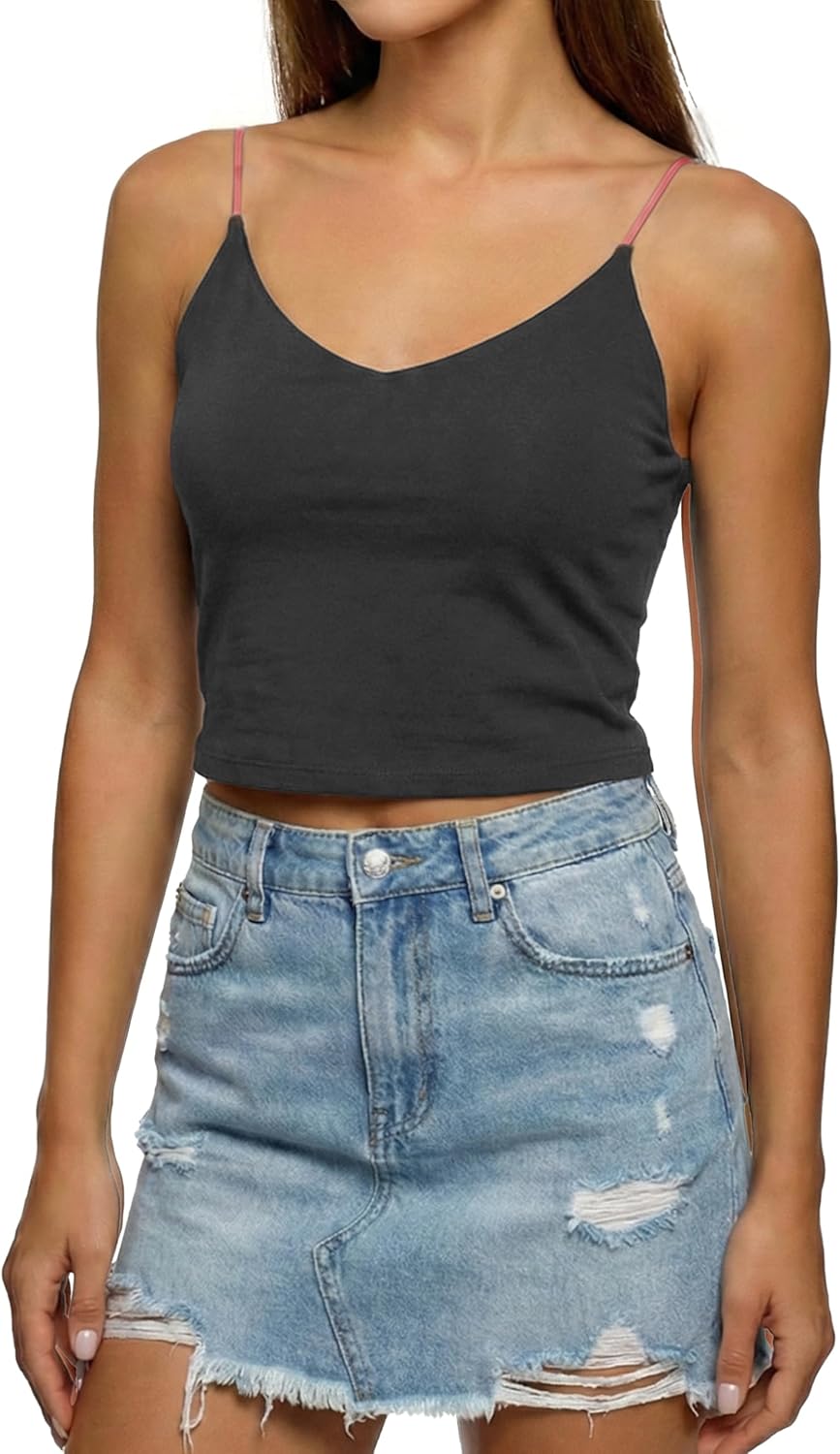 sissycos Women's V Neck Open Back Crop Cami, Built-in Bra Y2K Backless Tank Top with Elastic Contrast Strap - Image 3