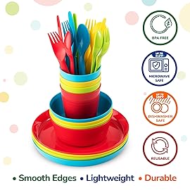 Plaskidy Kids Dinnerware Set for 4-24 Piece Plastic Childrens Dishes Dinnerware Sets Microwave/Dishwasher Safe BPA Free - Toddler Dinner Set Includes Kids Plates and Bowls Kids Cups Flatware Set