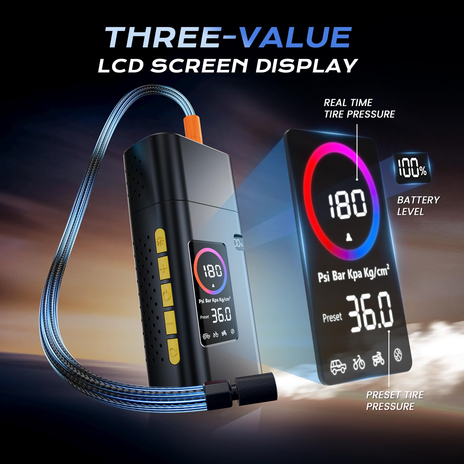 Compresor de aire portátil de inflador de neumáticos de 180 psi, bomba de aire de 26000 mAh para neumáticos de coche, 5 bombas rápidas de bicicleta con medidor de presión digital Lcd / luz LED/banco