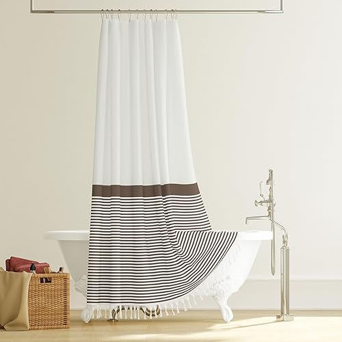 Vista 7 de Dynamene Cortina de ducha de tela marrón, cortinas de ducha con borlas a rayas bohemias para baño, juego de cortina de ducha de tela texturizada