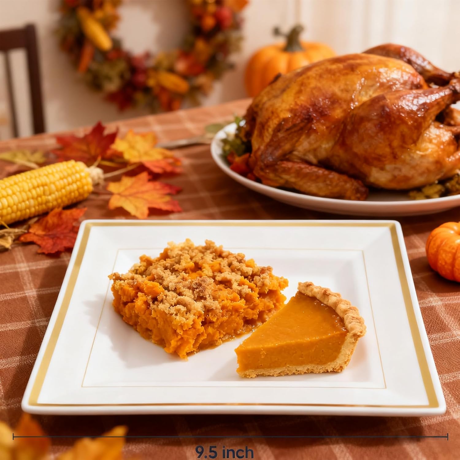 JOLLY CHEF 60 Pack Plastic Dinner Plates- Square Gold Plastic Plates with Elegant Gold Rim 9.5 Inch Disposable for Wedding, Birthday, Halloween and Party - Image 3