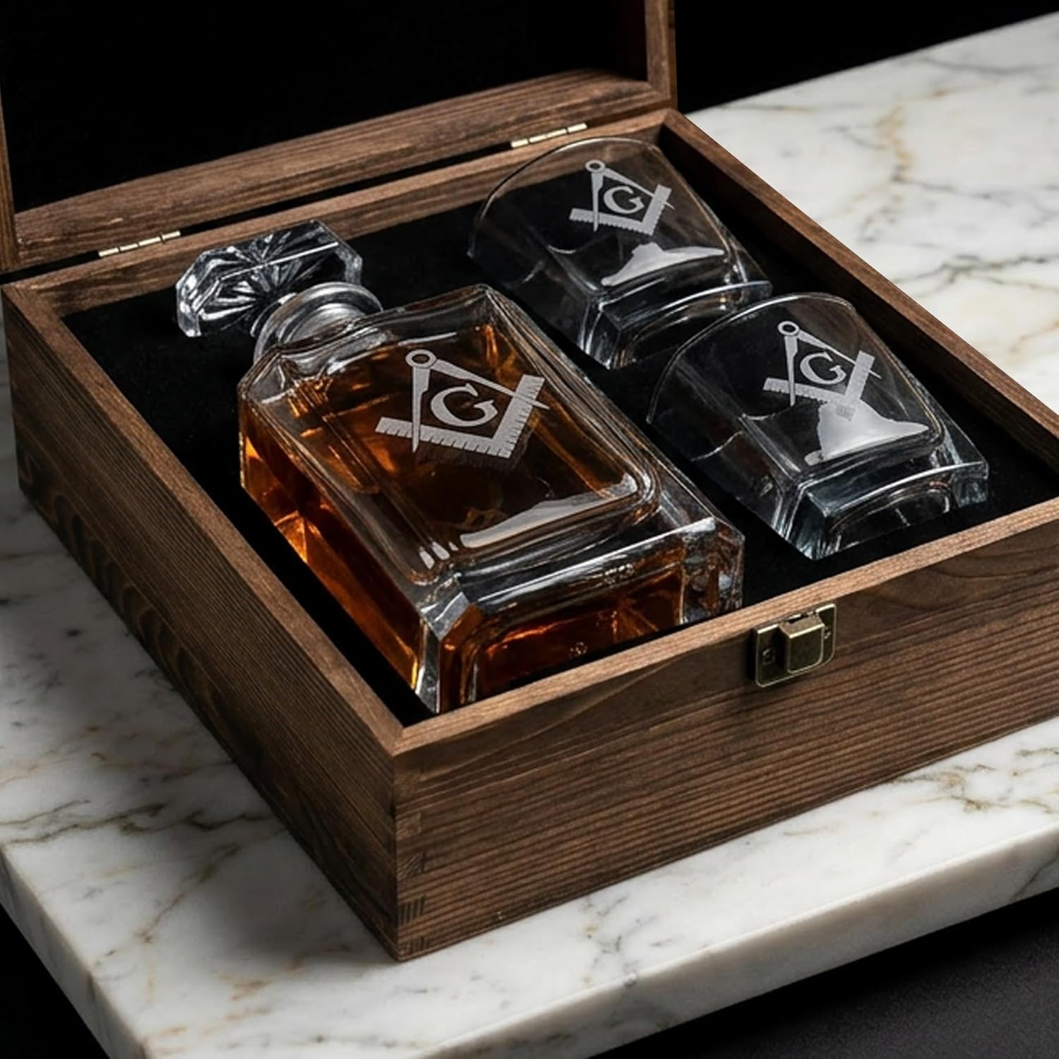 Masonic Square & Compass Engraved Decanter and Glasses Set with Wooden Box