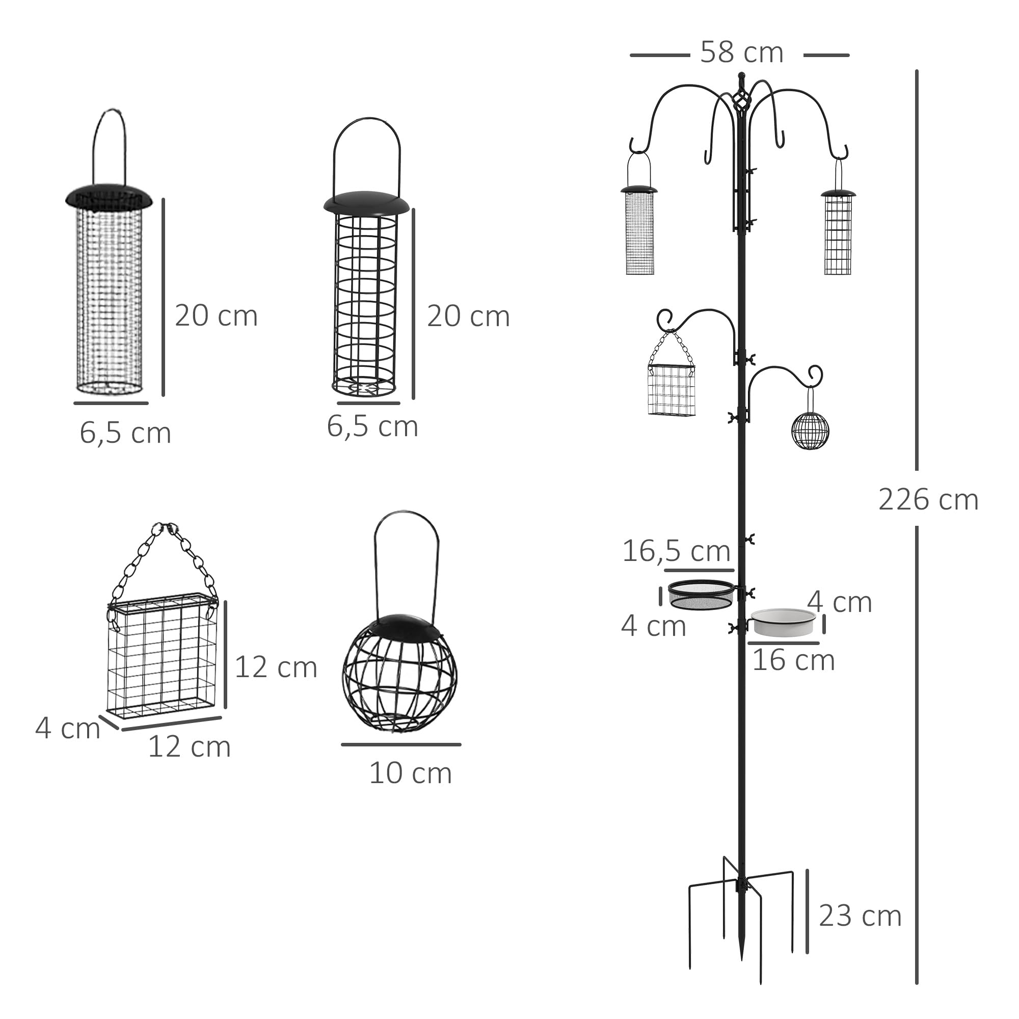 PawHut - Estación de alimentación para pájaros (6 Ganchos), Color Negro | 4 Comederos Colgantes para Cacahuetes Semillas Bolas de Grasa