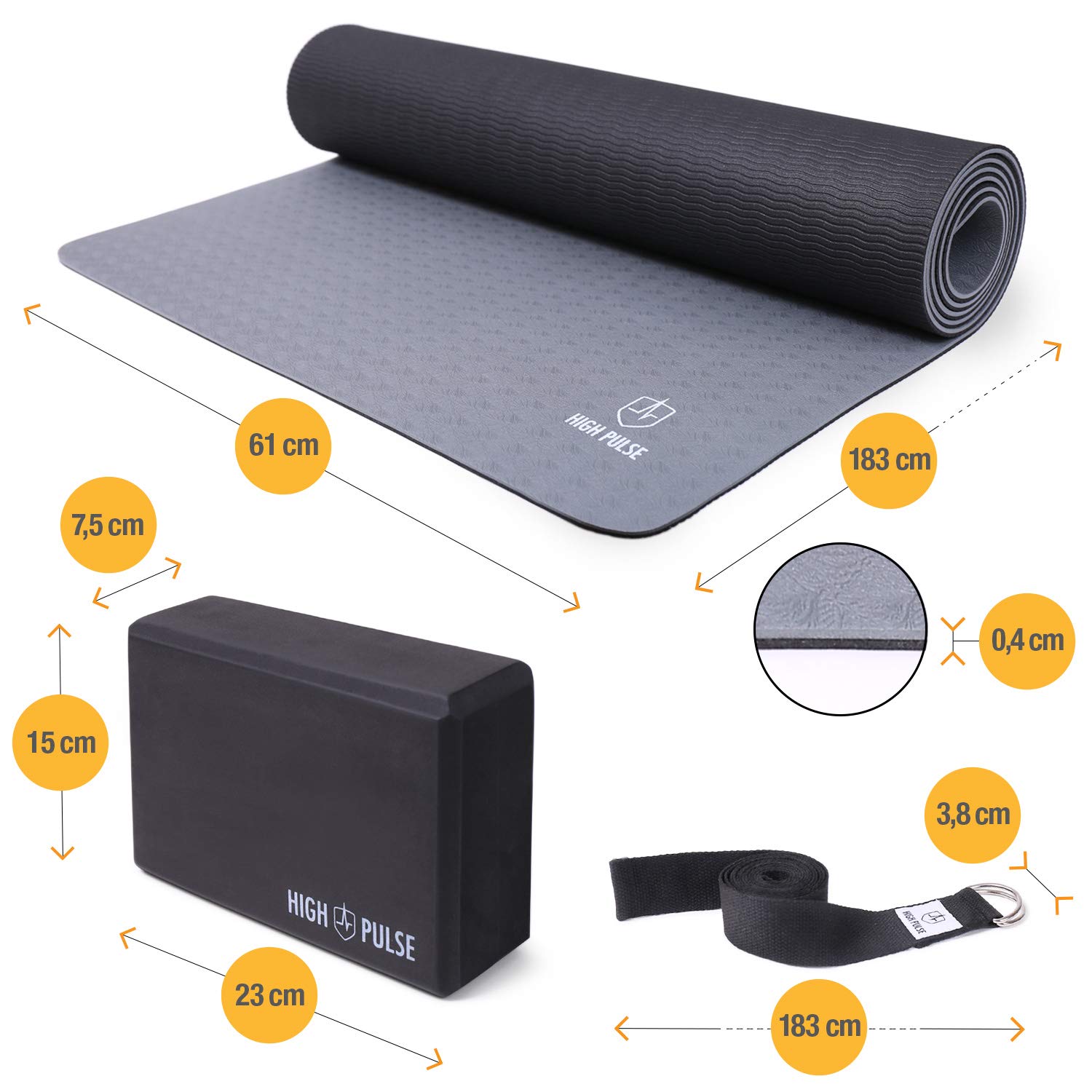 High Pulse® Yoga Set (6 TLG.) mit Yogamatte, 2 Yoga Blöcke, Yogagurt, Yogatuch mit Antirutsch-Noppen und extra Handtuch – Praktisches Yoga-Set für Anfänger und erfahrene Yogis