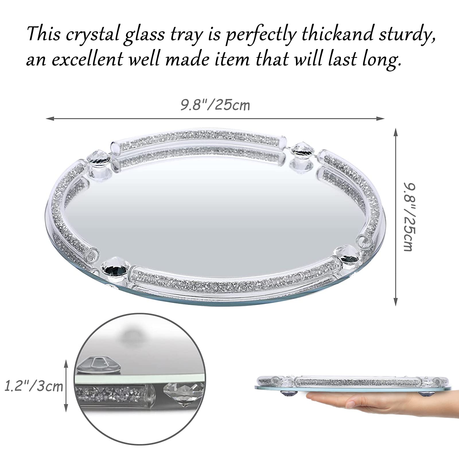 Plateau Miroir Argenté Antidérapant – Plateau Verre Cristal Pour Coiffeuse, Bijoux, Parfum, Décoration Élégante Maison