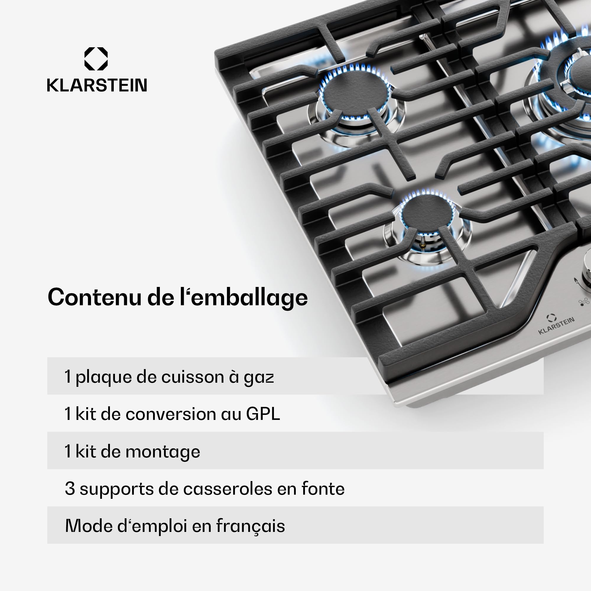 Klarstein Turbocast Placa de Gas, 5 Quemadores, Acero Inoxidable 304, Quemador Wok 3,4kW, Encendido Automático, Apagado de Seguridad, Kit GLP, Encimera Gas Profesional, 750×100×500mm