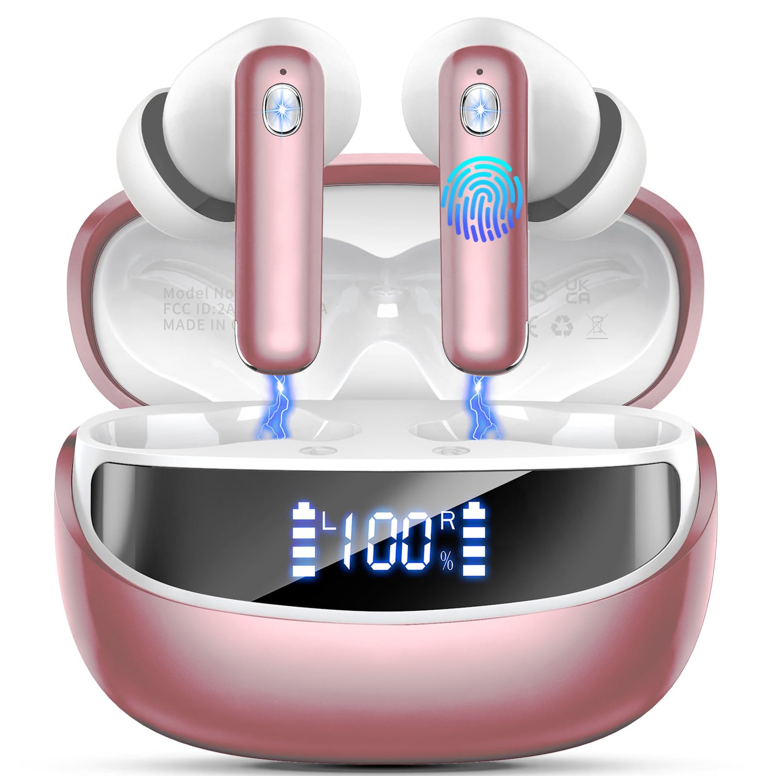 Cuffie Bluetooth, Auricolari Bluetooth 5.4 con 4 ENC Mic, 2025 Cuffiette Bluetooth In Ear Stereo HiFi, 45 Ore Cuffie Senza Fili con LED Display, Cancellazione Rumore , IP7 Impermeabili, Touch Control