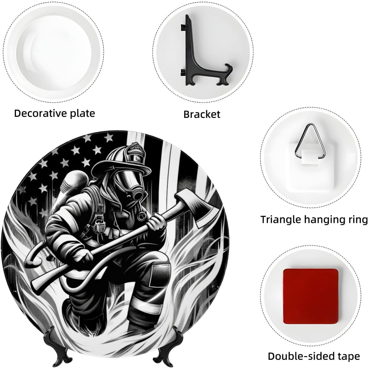 American-Flag-Firefighter 10 Inch Decorative Plate With Stand, Elegant Display Wall Plate For Home Decor