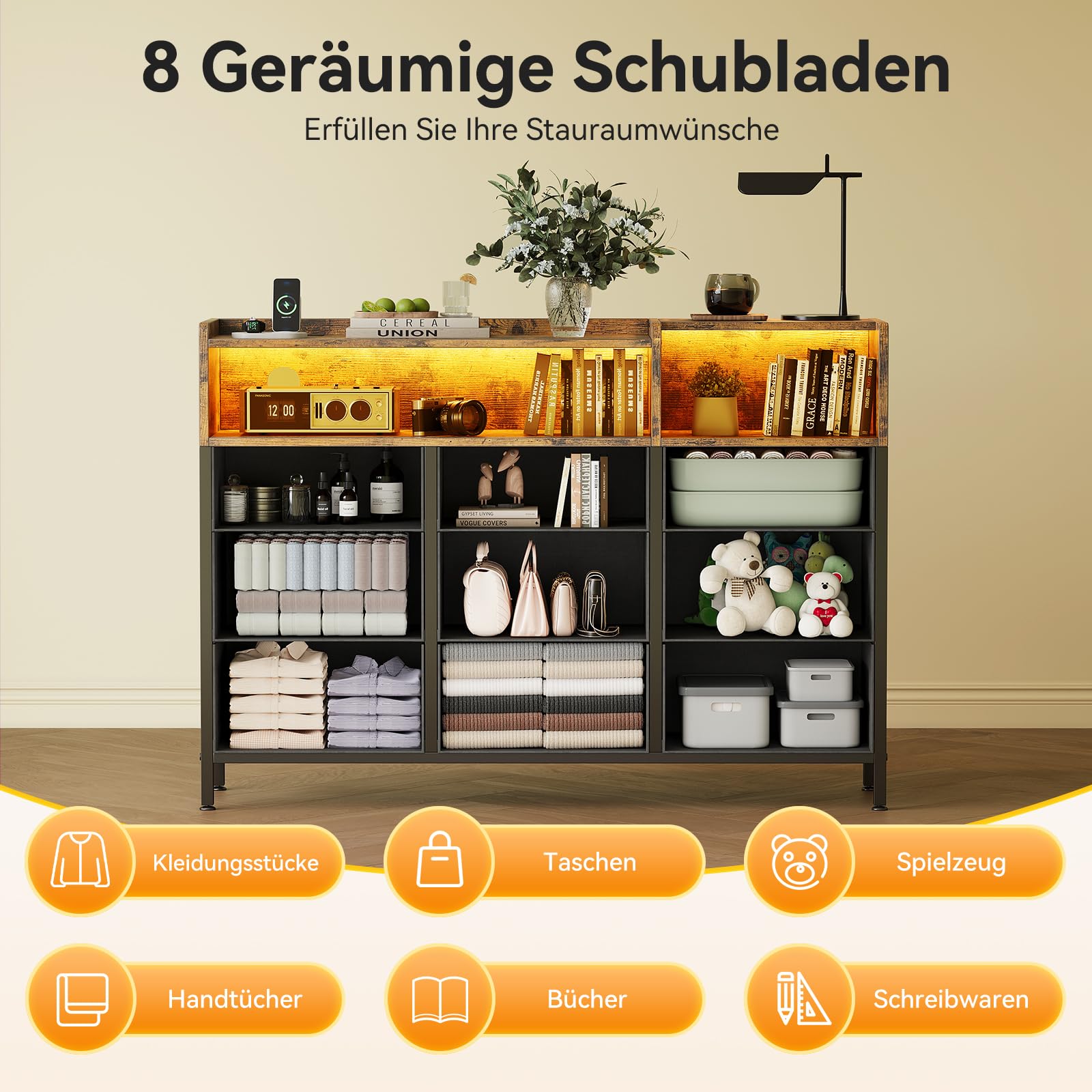 ODK Kommode mit Schubladen, Komodenschrank mit 2 Steckdosen, 2 USB und 10 Farbigen LED-Streifen, Kommode mit Regal Arbeitsplatte mit 9 Stoff Schubladen für Schlafzimmer Wohnzimmer, 130 * 30 * 97cm