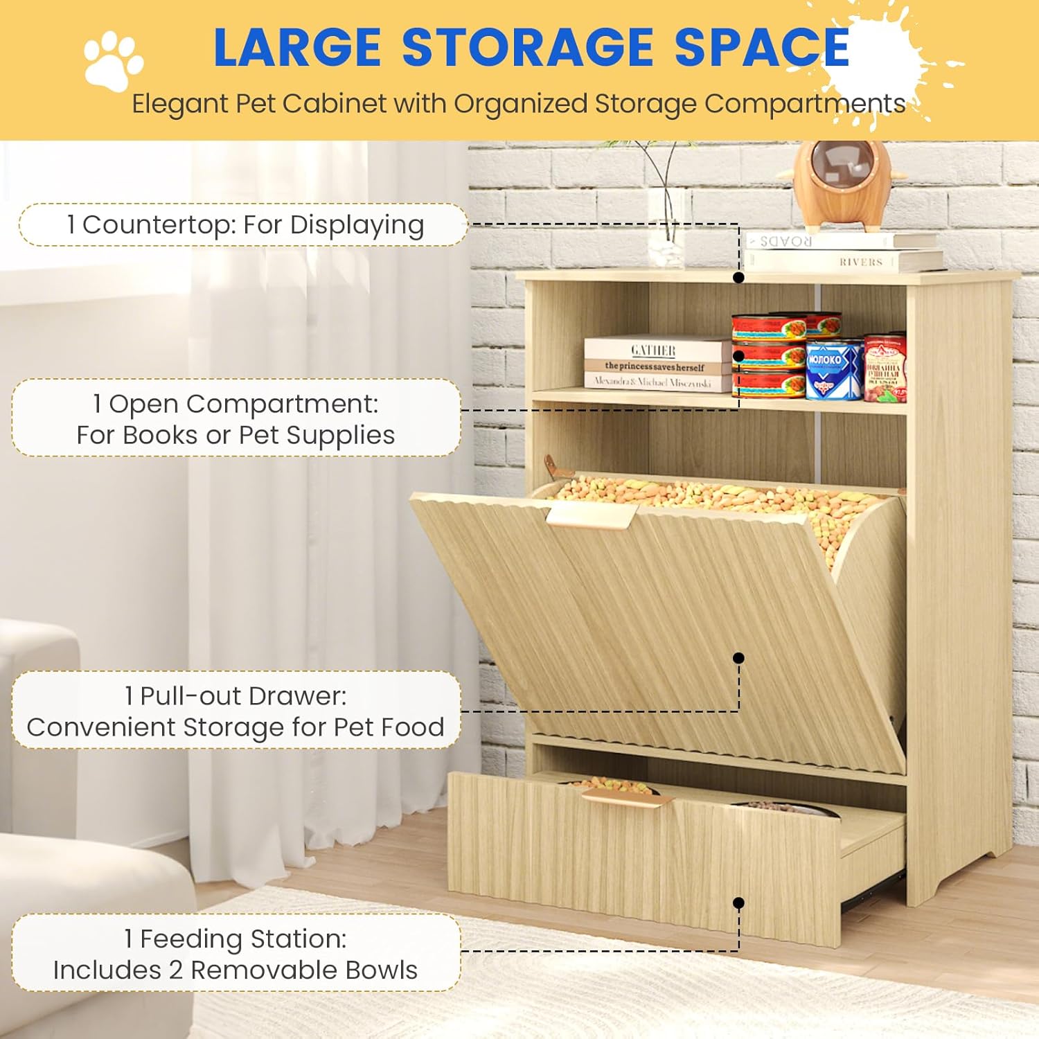 Erinnyees Dog Feeding Station, Dog Food Storage Container with Raised Bowls, Pet Feeder Station Food Cabinet for Toy Feeding Watering Supplies