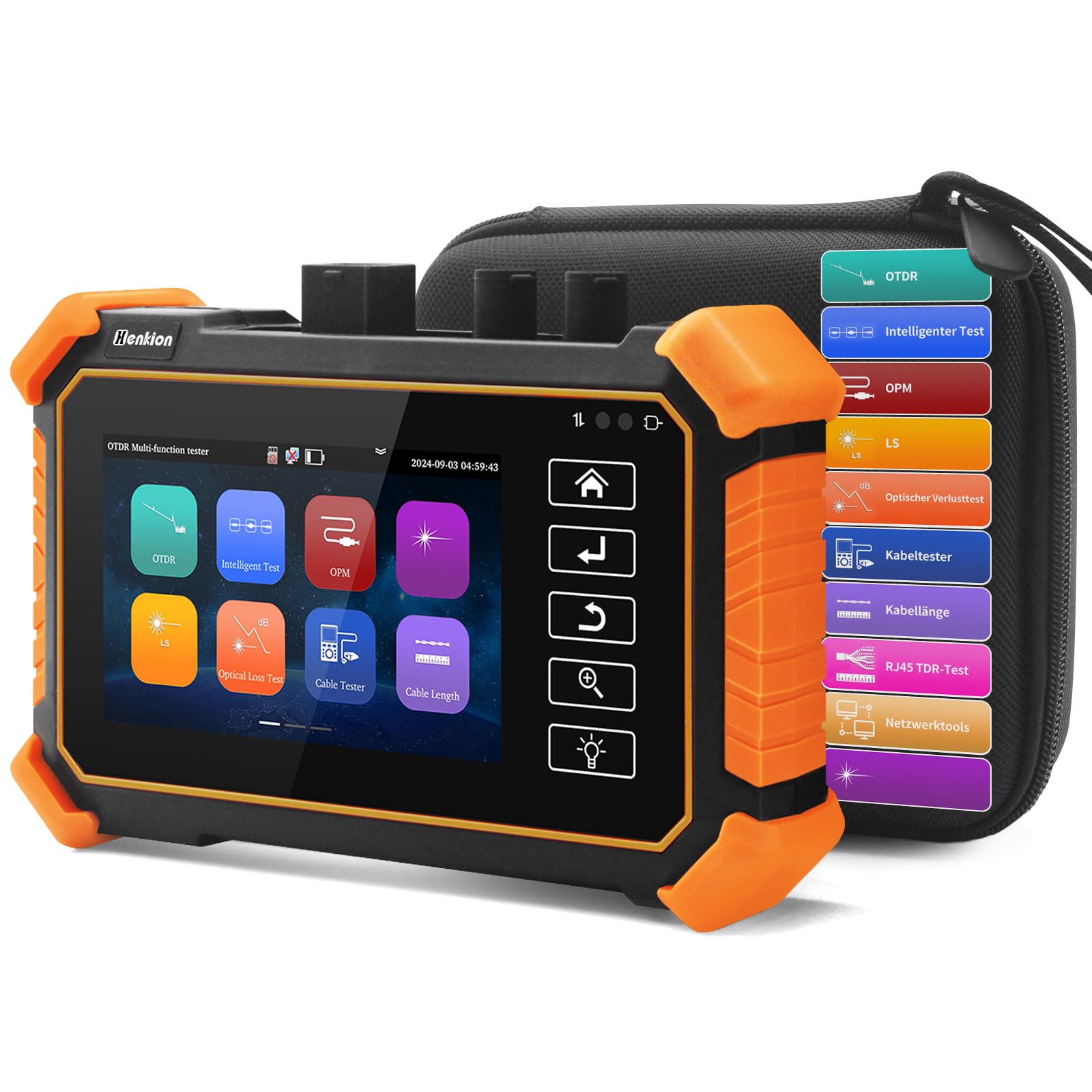 Henkion OTDR Fiber Optic Tester 1610nm 26dB, Glasfasertester unterstützt OPM, LS, OLS, VFL, Ereigniskarte, UTP/RJ45 TDR kabeltest/Längenkabeltester, Netzwerktester, 8 Faseradapter, FTP/Bericht