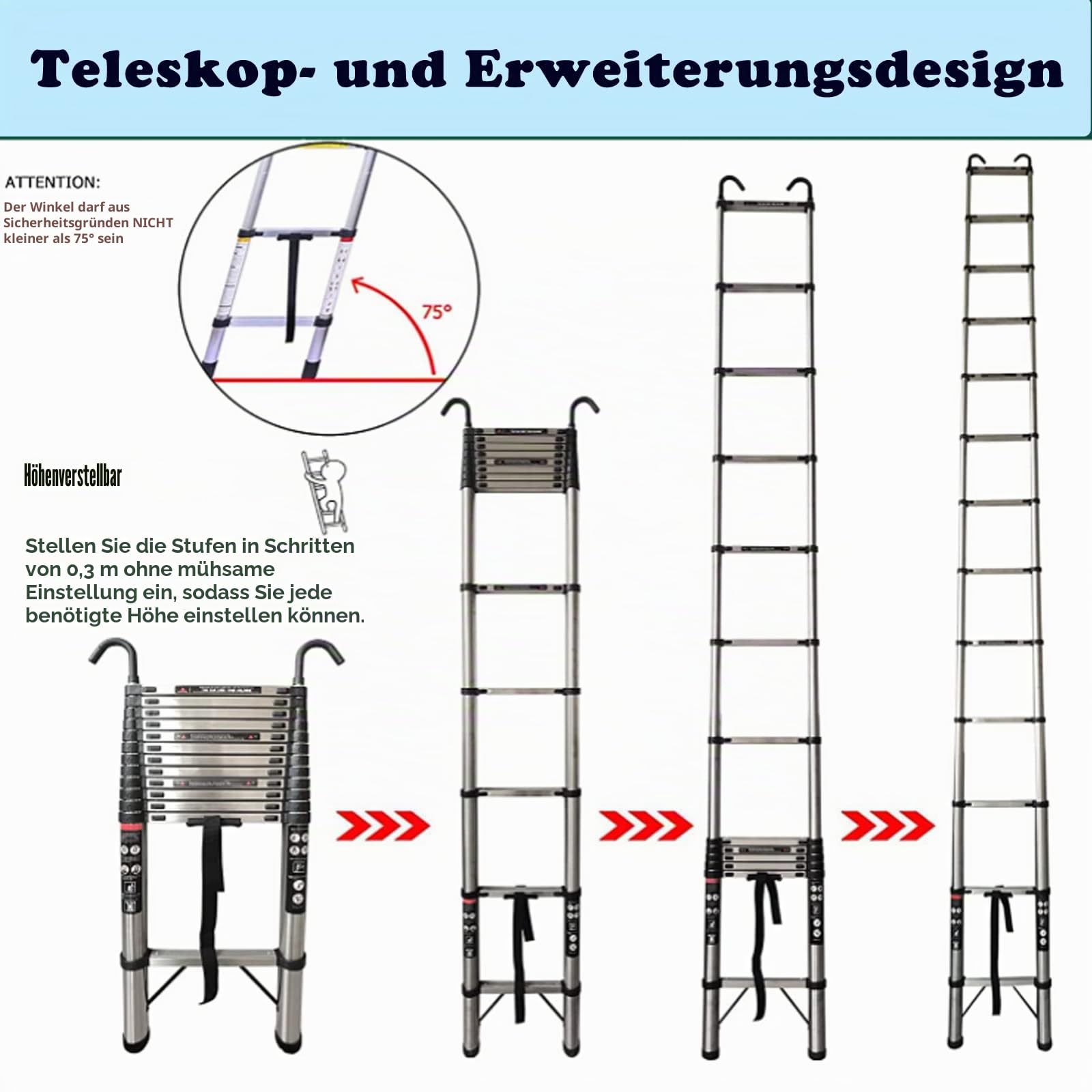Mehrzweck-Verlängerungsleiter 5 M Ausziehbare Leitern Teleskopierbar mit Abnehmbaren Haken, Klappleiter Tragbare Leichte Bibliotheksleiter mit Rutschfesten Füßen für die Heimdekoration