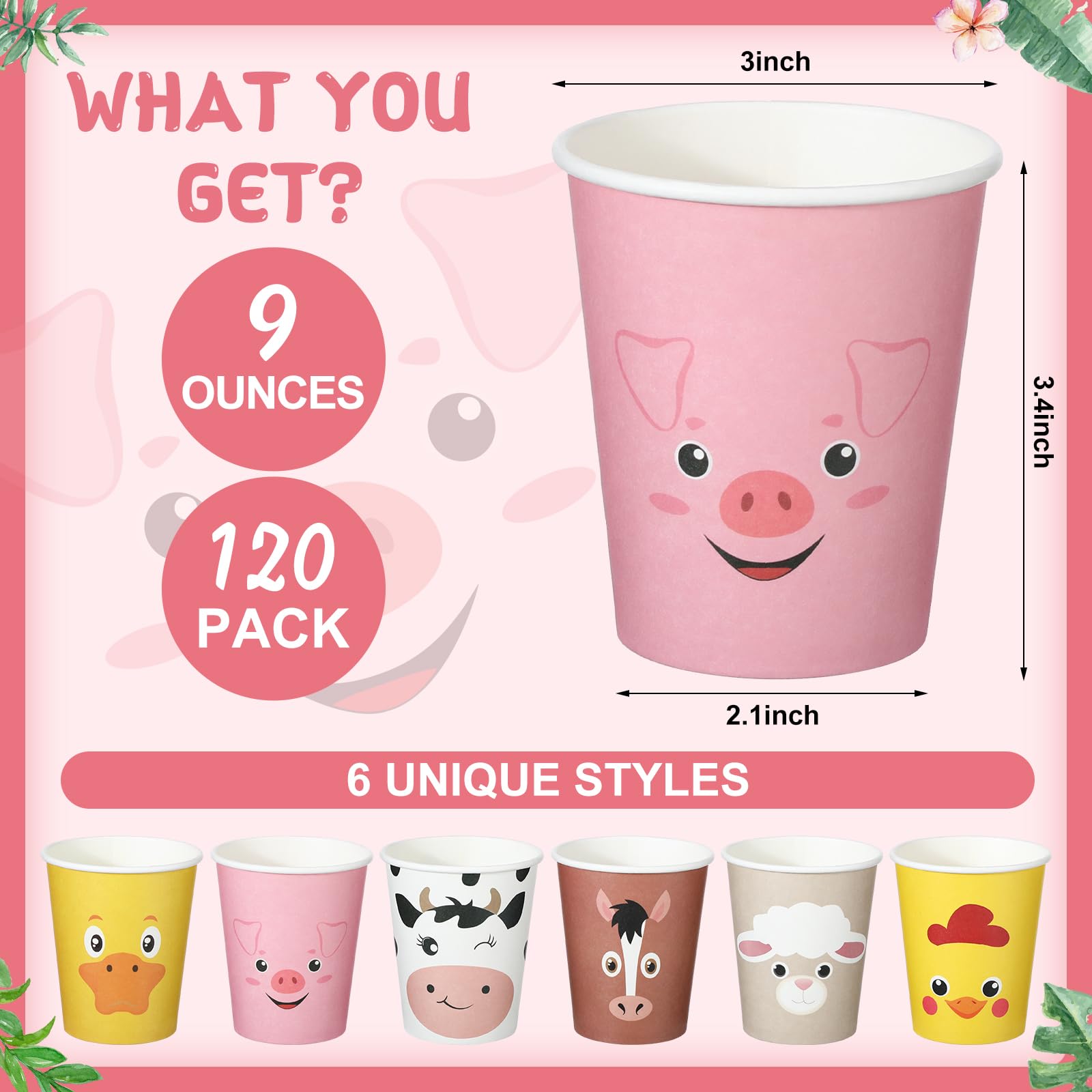 Maxcheck Confezione da 120 bicchieri di carta usa e getta da 255 ml, motivo: animali della fattoria, carini, maiali, pecore, pollo, anatra, cavallo, mucca, per bambini, feste di compleanno,