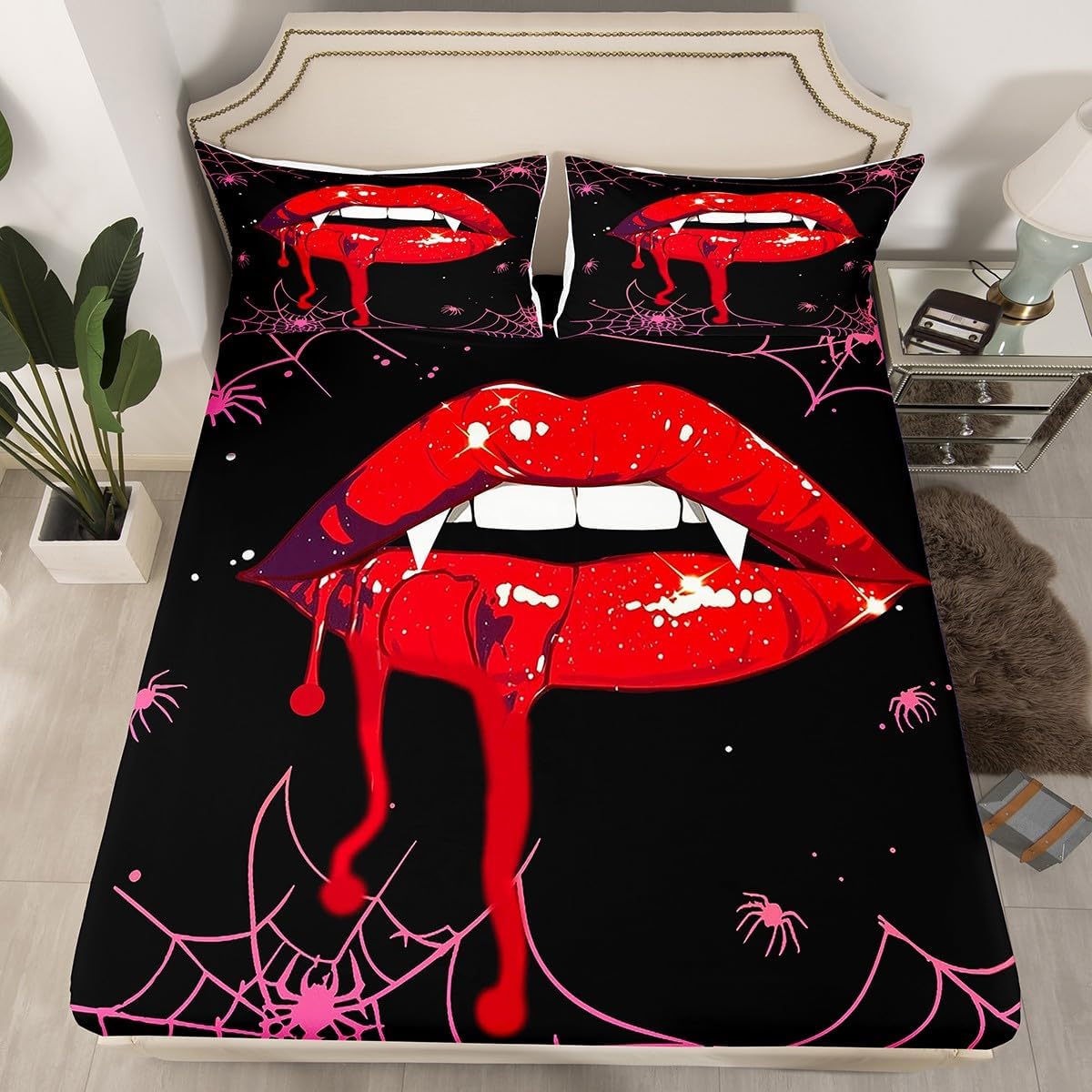 Erosebridal Halloween Bedding Set Gothic Have a Bite Horror Theme Full Fitted Sheet for Boys Girls Sexy Sparkle Glitter Sequins Lips Bed Sheets Halloween Decor Sheets,Red 3 Pcs