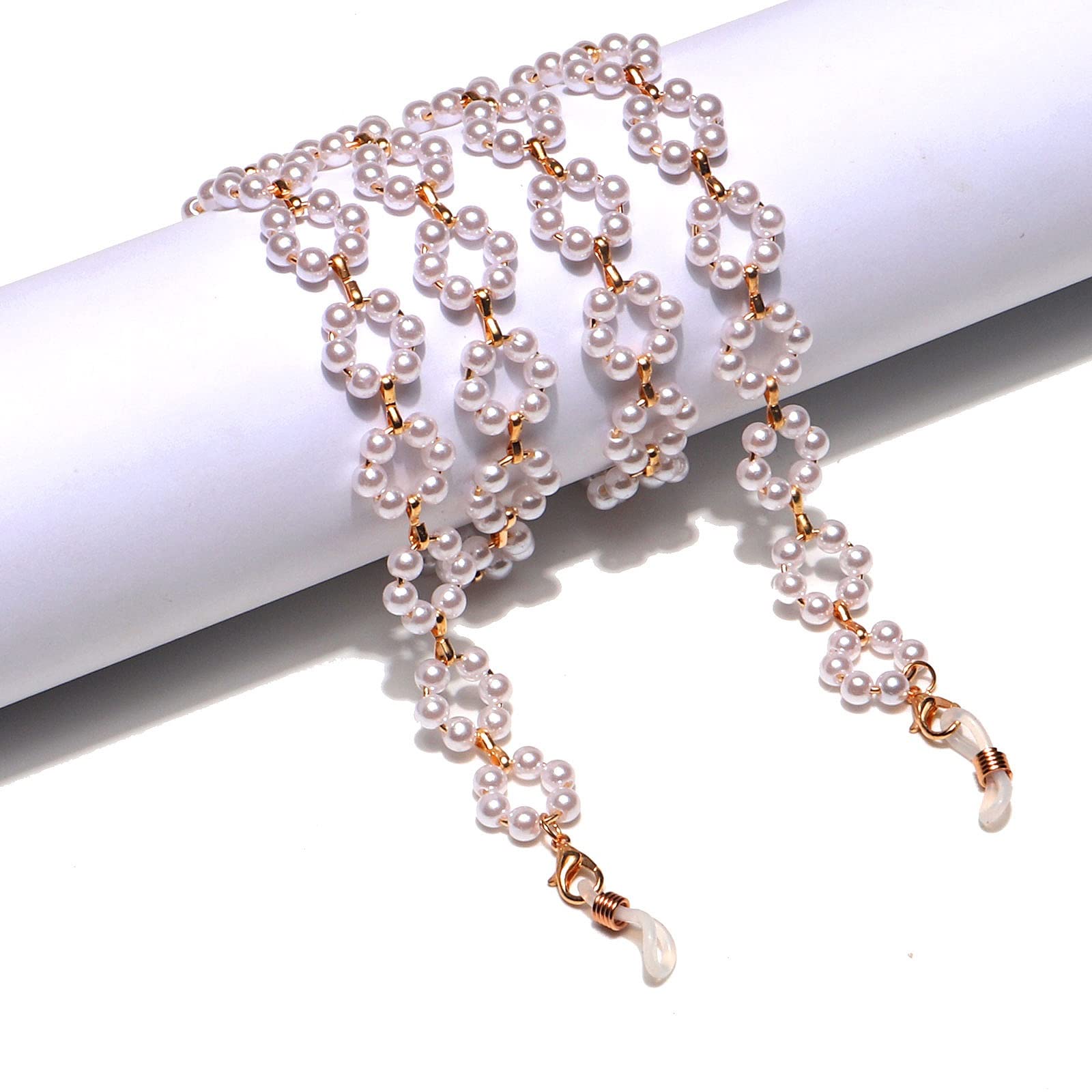 Cordon à lunettes perles anti-perte avec attache fleur blanche pour lunettes de vue