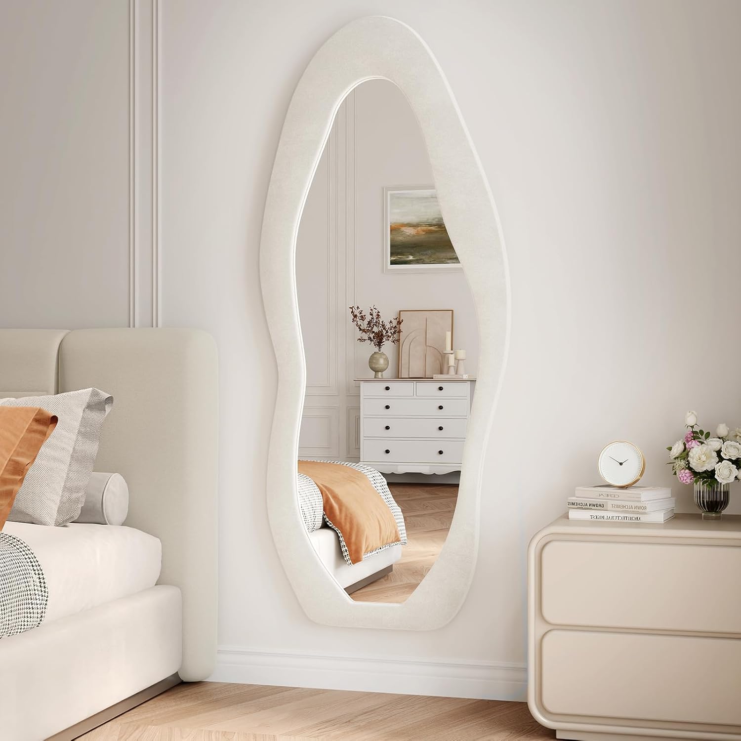 56"x24" Irregular Wavy Mirror, Flannel Full Length Mirror with Stand, Wall Mirror for Bedroom, Living Room, Cloakroom, Entryway, Beige