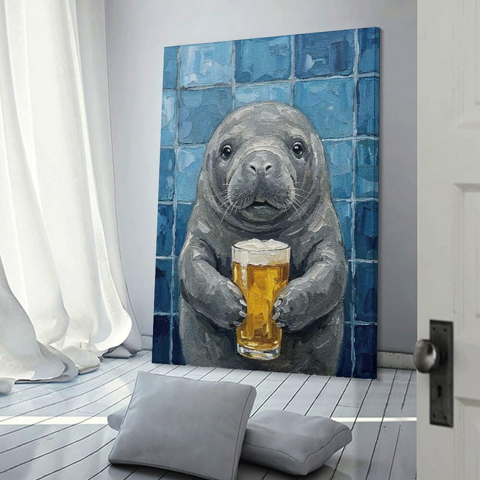 Junmoney Frame-Style-5 Canvas Wall Art Manatee With Beer Painting, 20X30inch(50X75cm), For Lounge Decor, Bedroom Walls Or Flats, Eye Catching Artwork For Blank Walls