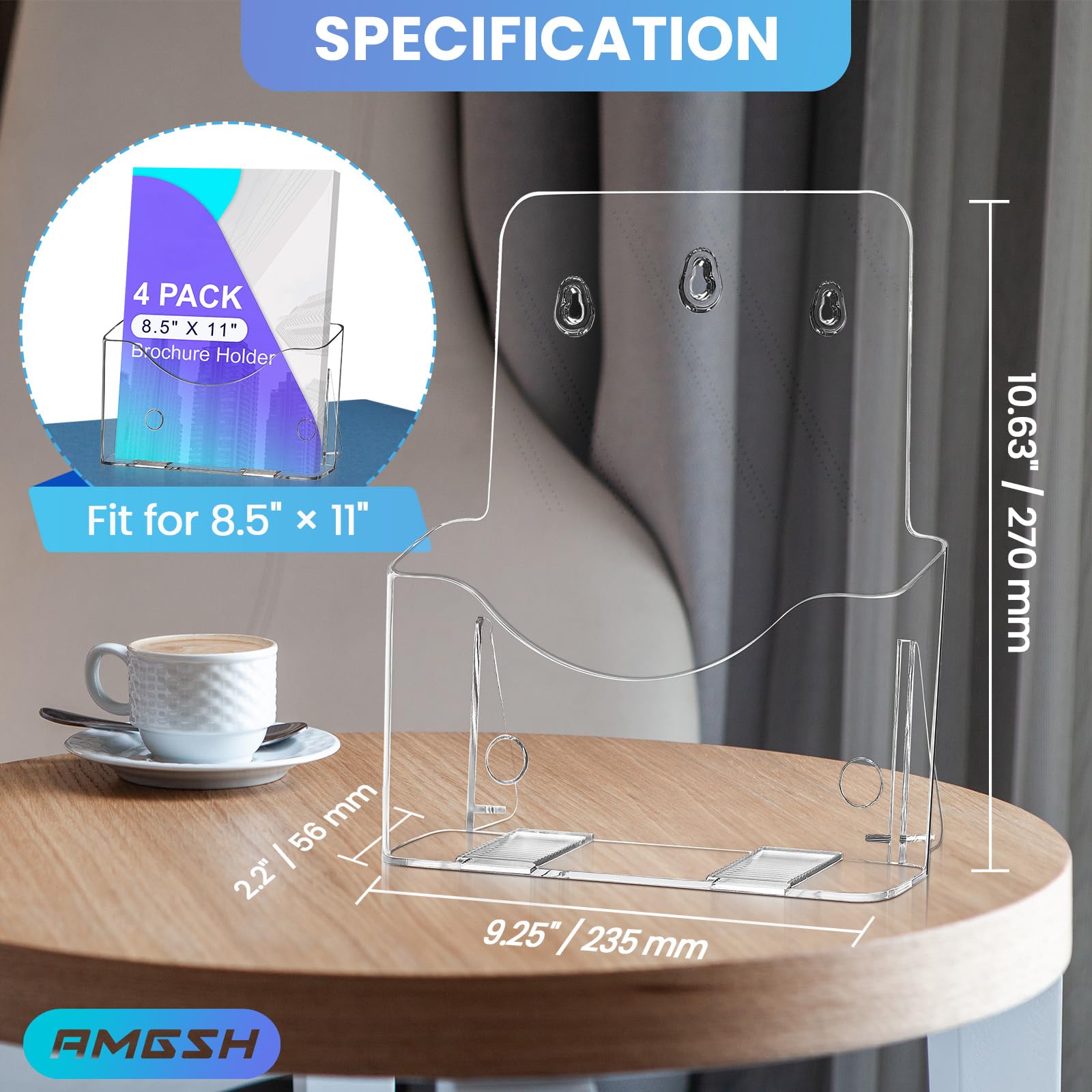 Confezione da 4 supporti per brochure, 21,6 x 27,9 cm, supporto per letteratura in acrilico trasparente, espositore per carte di credito e opuscoli, supporto per volantini, supporto da parete