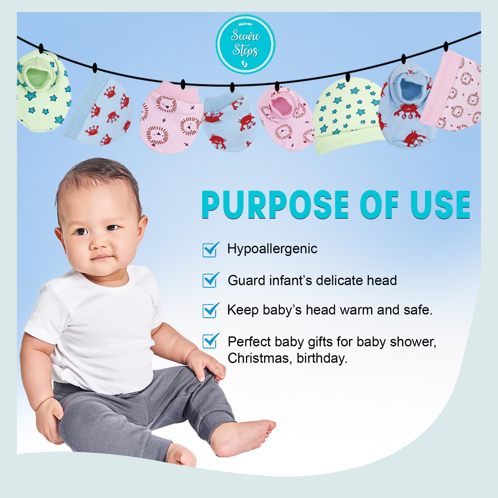 Secure Steps Mittens Cap and Booties Set for New Born Baby Pack of 2 | 100% Cotton Baby Mittens Set 0 to 6 Months | Soft Anti-Scratch Caps Mittens and Booties Newborn | Cute Designs | Boys & Girls 4
