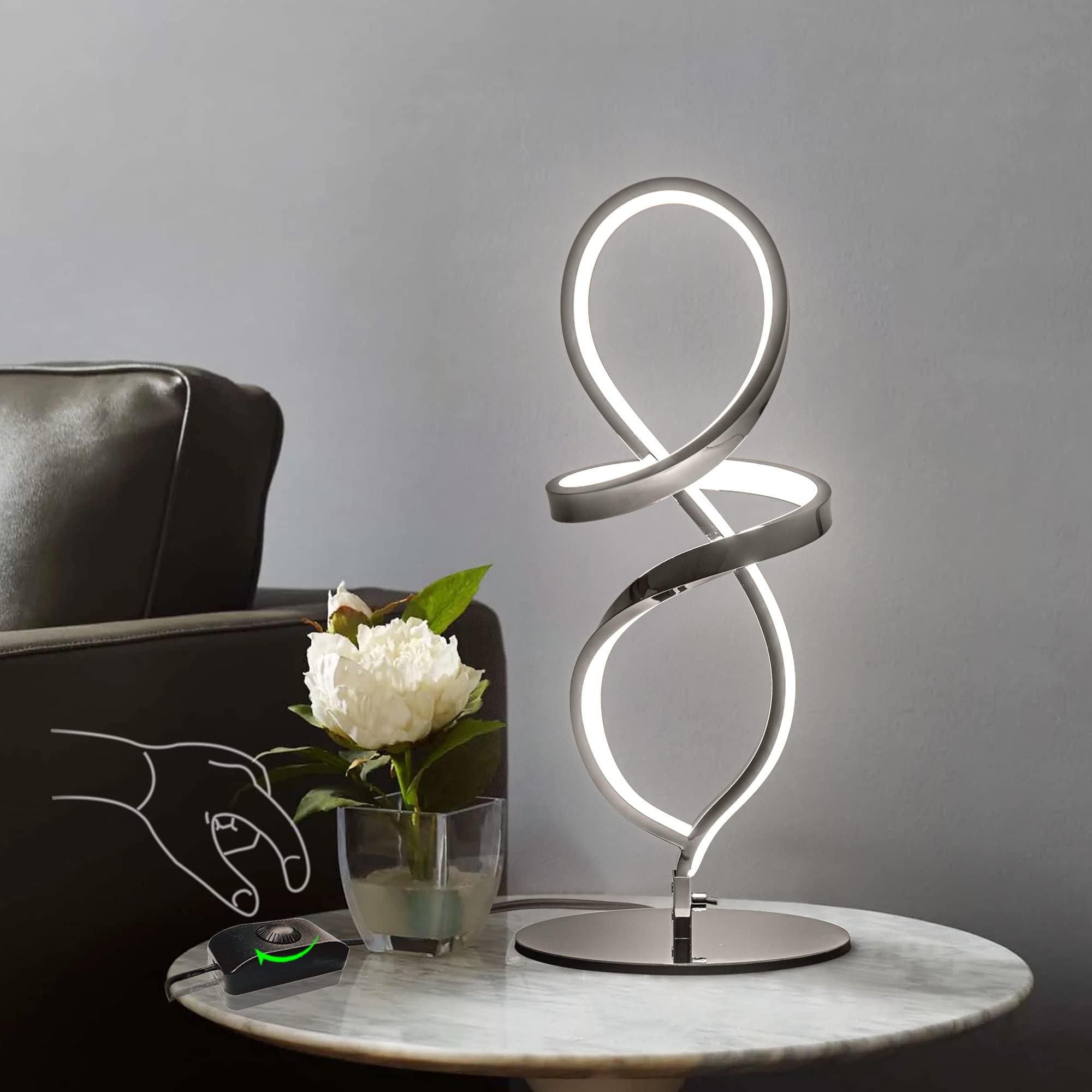 Mayful Modern Table Lamp, LED Spiral Lamp, Stepless Dimmable Bedside Lamp, Contemporary Nightstand Lamp, Chrome Desk Lamp for Bedroom Living Room Home Office, 12W, 3200K Warm White