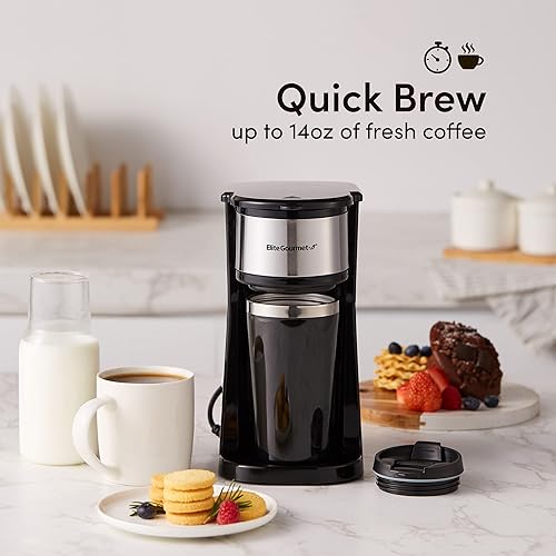 Miniatura 3 de Elite Gourmet EHC-112B Cafetera compacta personal de una sola porción incluye 14 onzas. Taza térmica de viaje con interior de acero inoxidable,