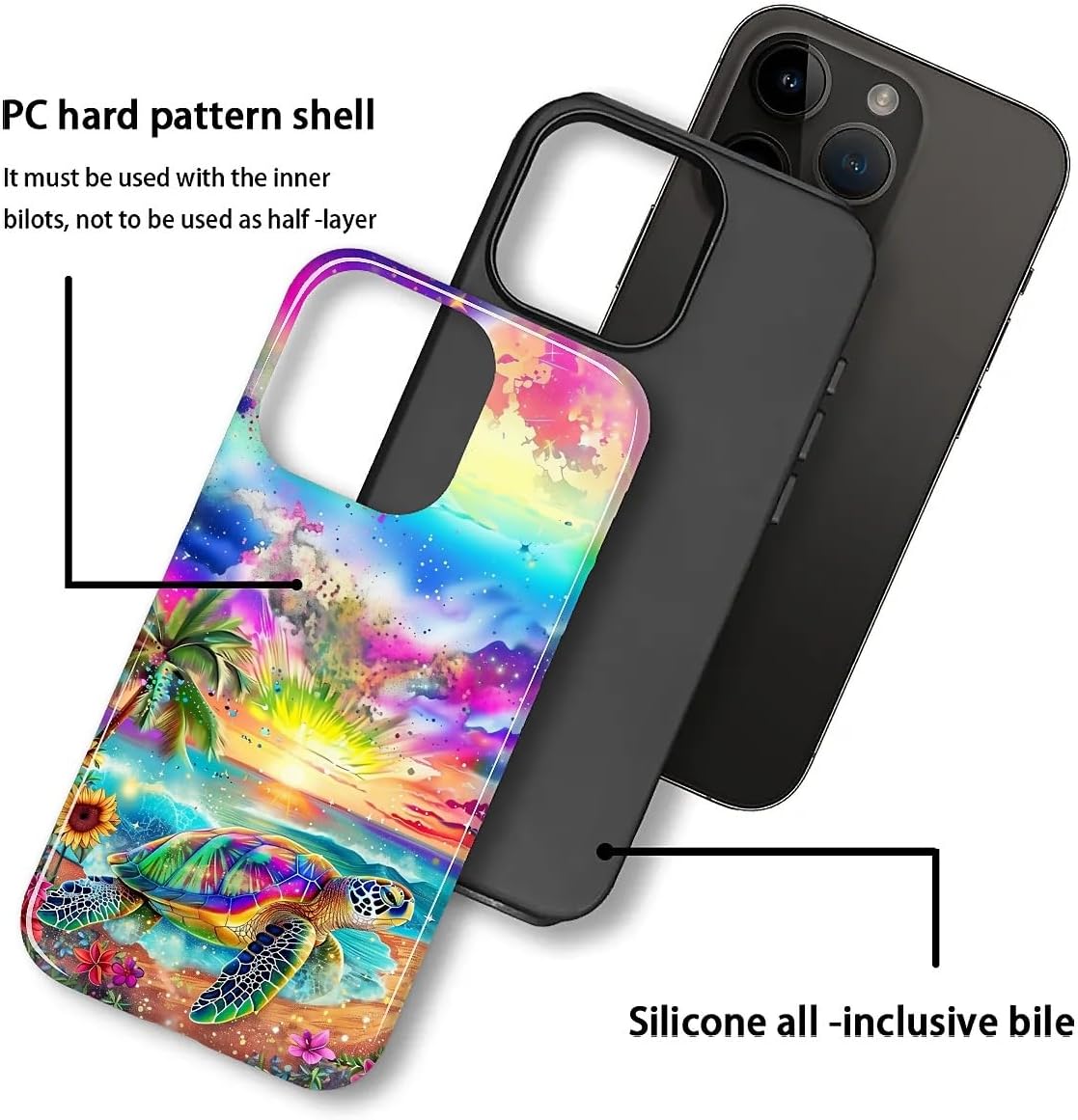 Compatible with iPhone 15 Pro Max Case - Hybrid Heavy Duty 2 in 1 Full Body Rugged Shockproof Protection Glossy Case for iPhone 15 Pro Max - Sea Turtle Sunflowers image 3