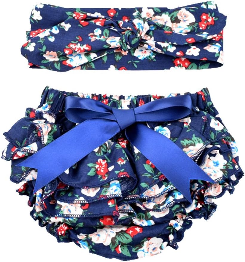 Baby Girls Bloomer and Headband Set Bowknot Lace Ruffle Diaper Cover 2 Pack