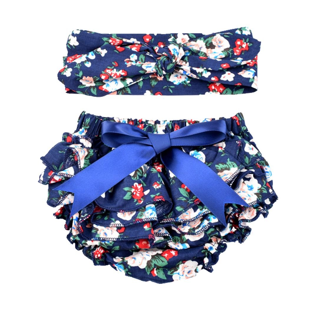 Baby Girls Bloomer and Headband Set Bowknot Lace Ruffle Diaper Cover 2 Pack