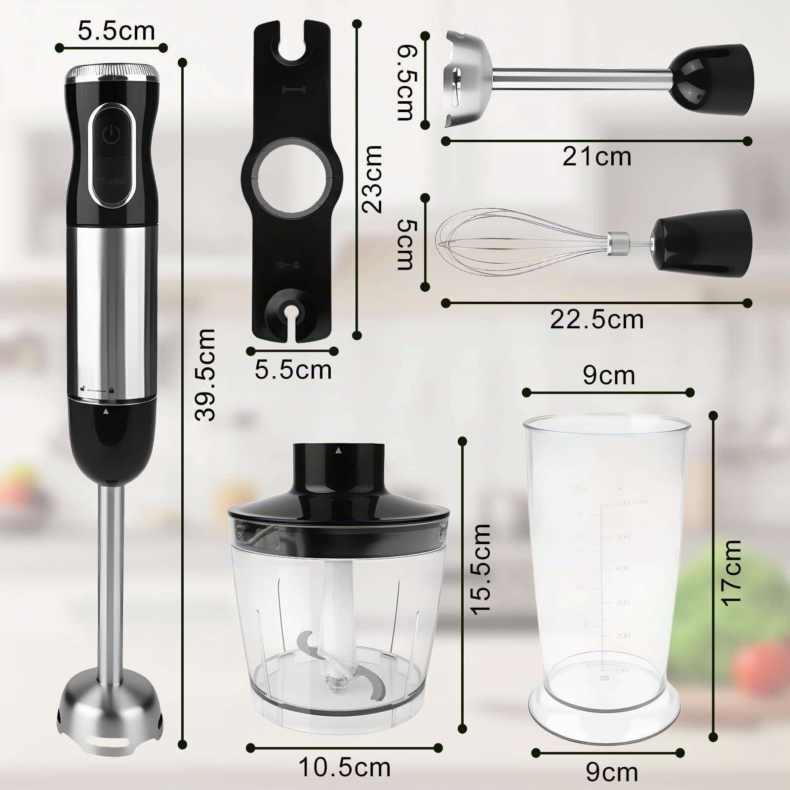 Dreamhigh® Mixeur Plongeant Professionnel 4-en-1, 1000W avec 12 Vitesses + TURBO & 2 Boutons, Inclus Fouet, Hachoir 500ml & Verre Doseur 700ml, Idéal pour Soupes, Smoothies & Purées