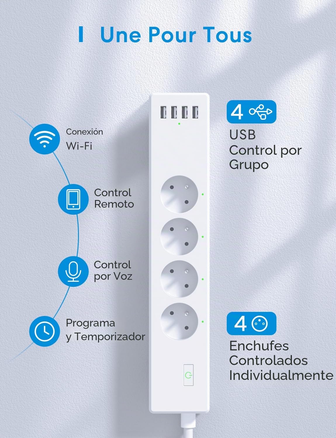 Regleta inteligente (tipo E) 16 A wifi compatible con Apple HomeKit, Alexa y Google Home (4 tomas de CA y 4 puertos USB), regleta inteligente con control por voz