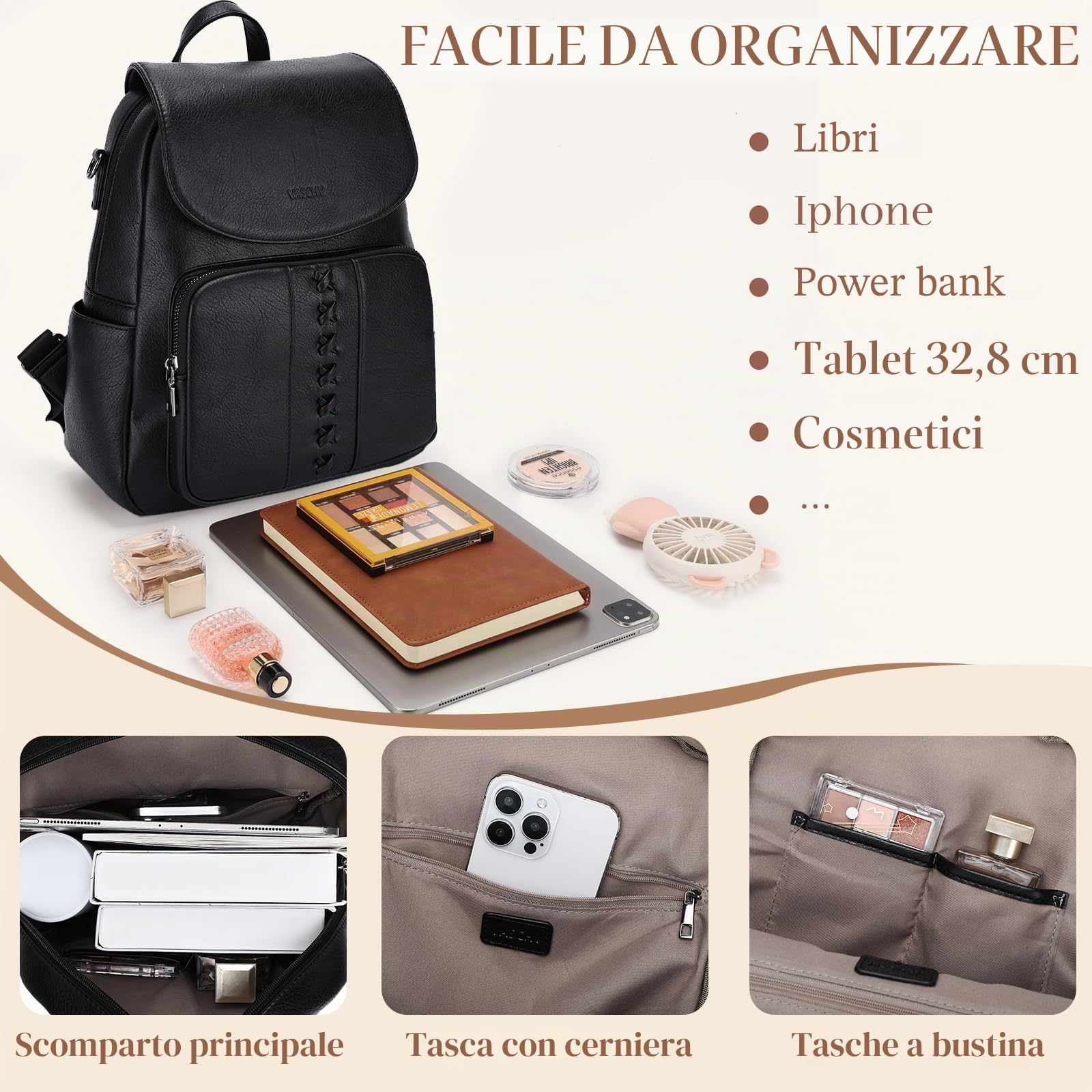 VASCHY Zaino Pelle Donna,Zainetto Donna Elegante Borsa Zaino Lavoro Zaini Antifurto Vintage con Tracolla/Scuola/Viaggio