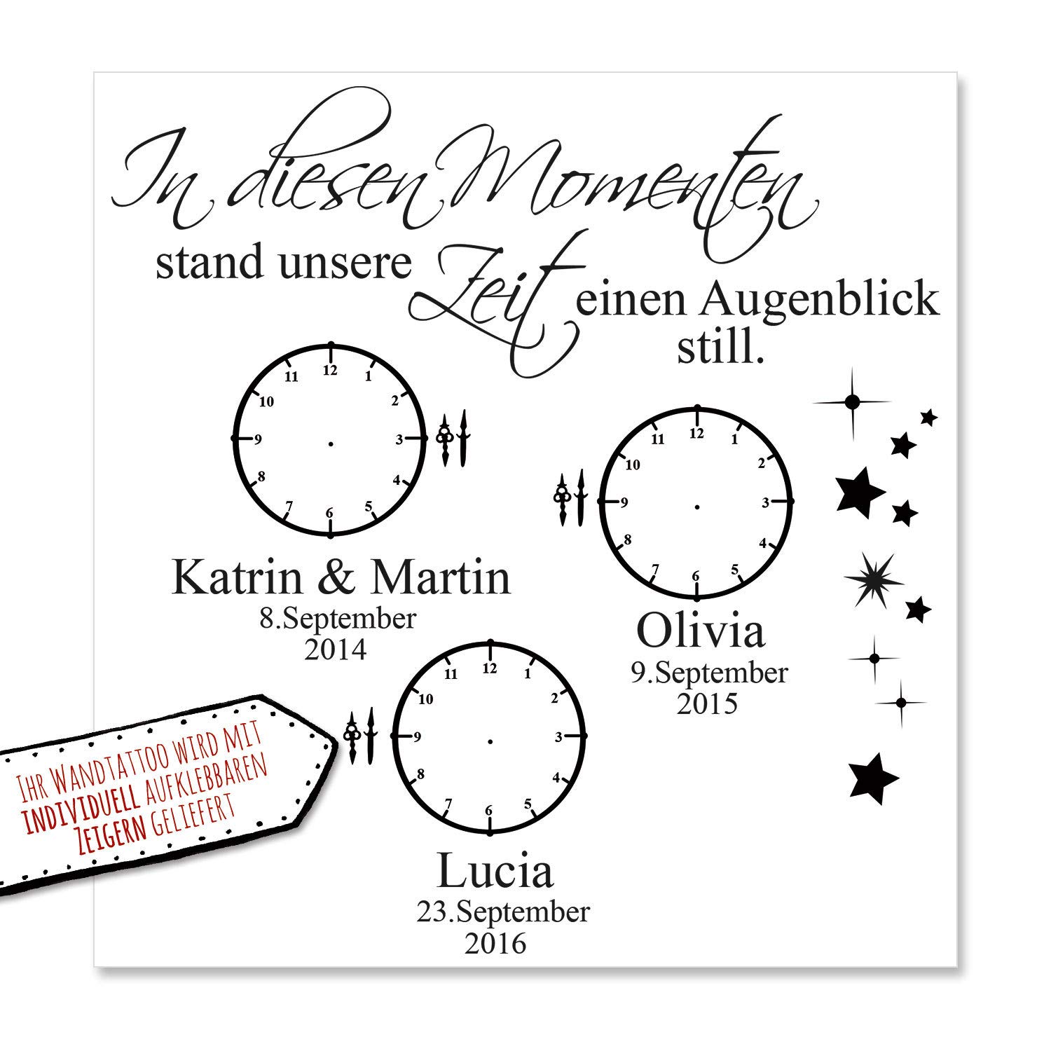 Wandtattoo " In diesen Momenten stand unsere Zeit einen Augenblick still " mit Wunschdaten M2442 - ausgewählte Farbe: *rosa* ausgewählte Größe: *L - 120cm hoch x 120cm breit*