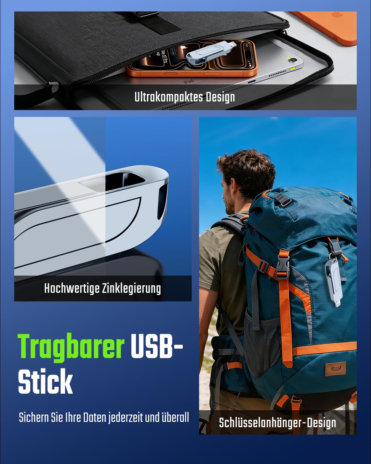 [Ohne App] USB Stick 512GB für iPhone, MFi USB C Stick,Lightning,USB-A | 3-in-1 Speicherstick für iPhone,iPad,OTG Android Handy,Mac,PC,USB 3.0 Flash Drive Externer Speicher für Fotos,Videos,Dateien