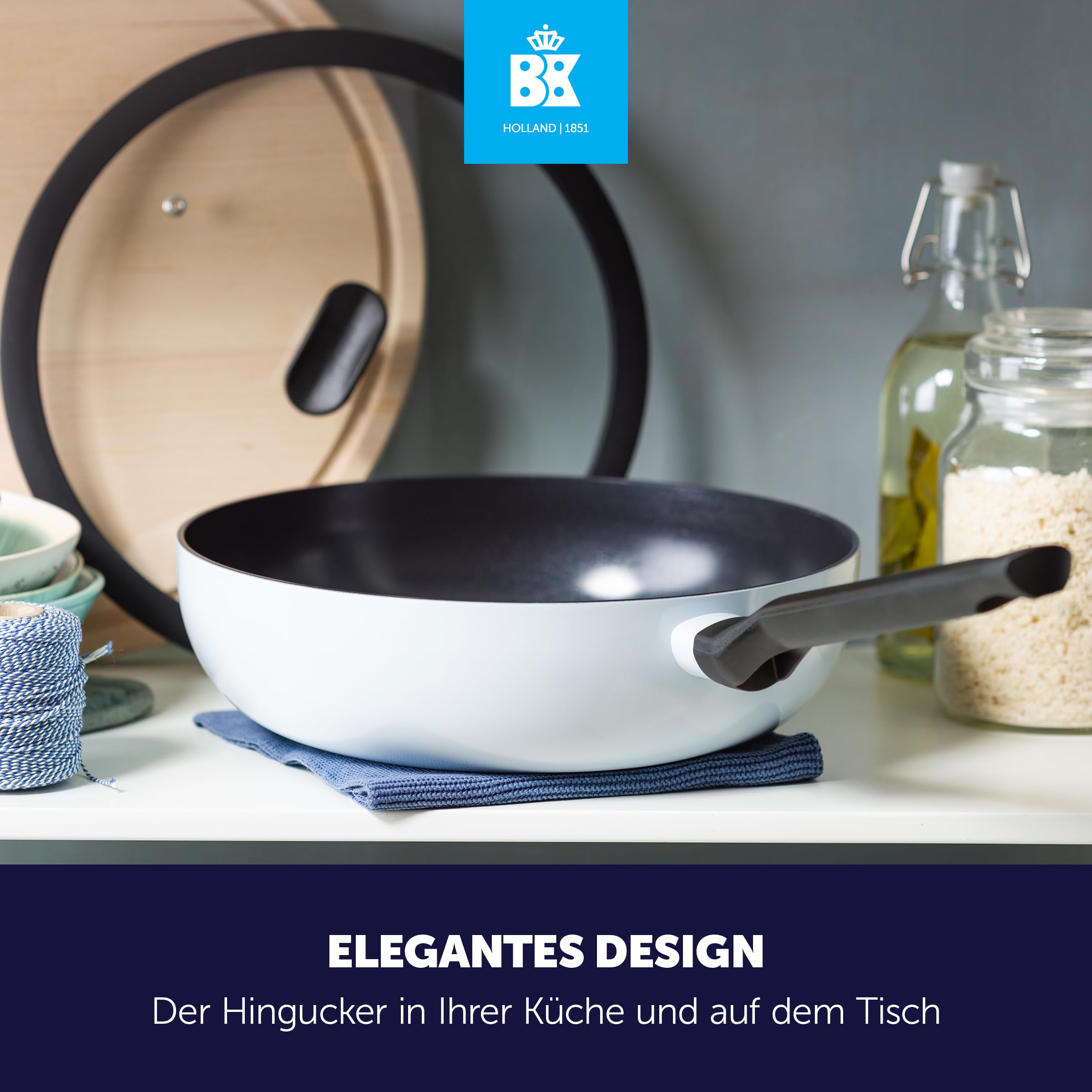 BK Enjoy Keramik-Wokpfanne mit Deckel Ø 28 cm/4,2 l, PFAS-frei, Induktionsgeeignet, Ofenfest bis 160 °C, Spülmaschinenfest, Schnelle Erhitzung, Cool-Touch-Griffe, Blau