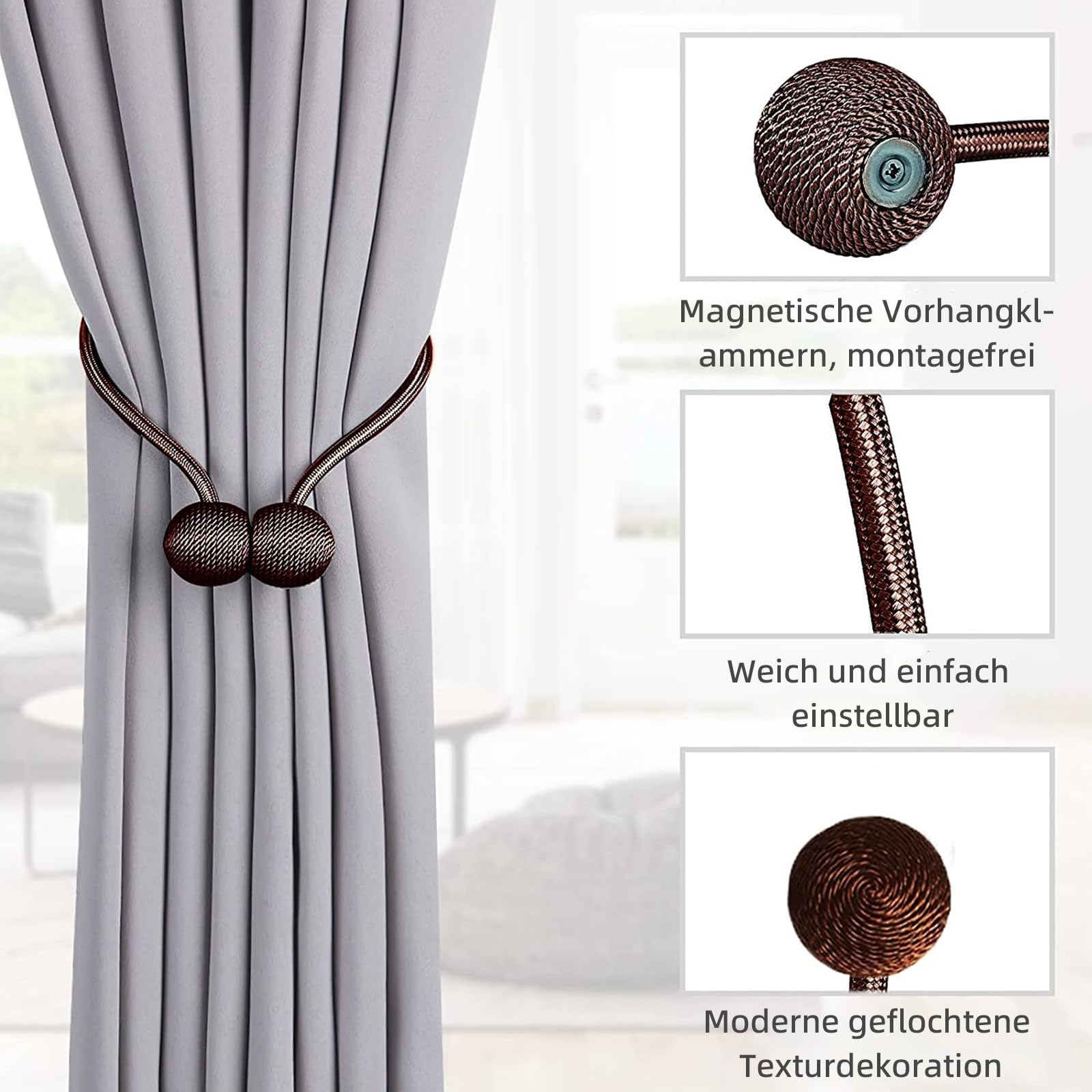 TopHomer Magnetic Curtain Tiebacks, Brown, Pack of 2, 2 pcs - Image 2
