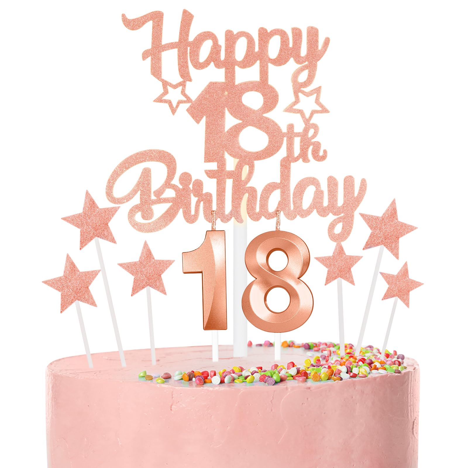 Rose Gold Happy 18th Birthday Candles Cake Topper Set,Rose Gold Number 18 Birthday Candles with Rose Gold 18th Birthday Cake Toppers Star Cupcake Toppers for Girl Women Birthday Anniversary Decor