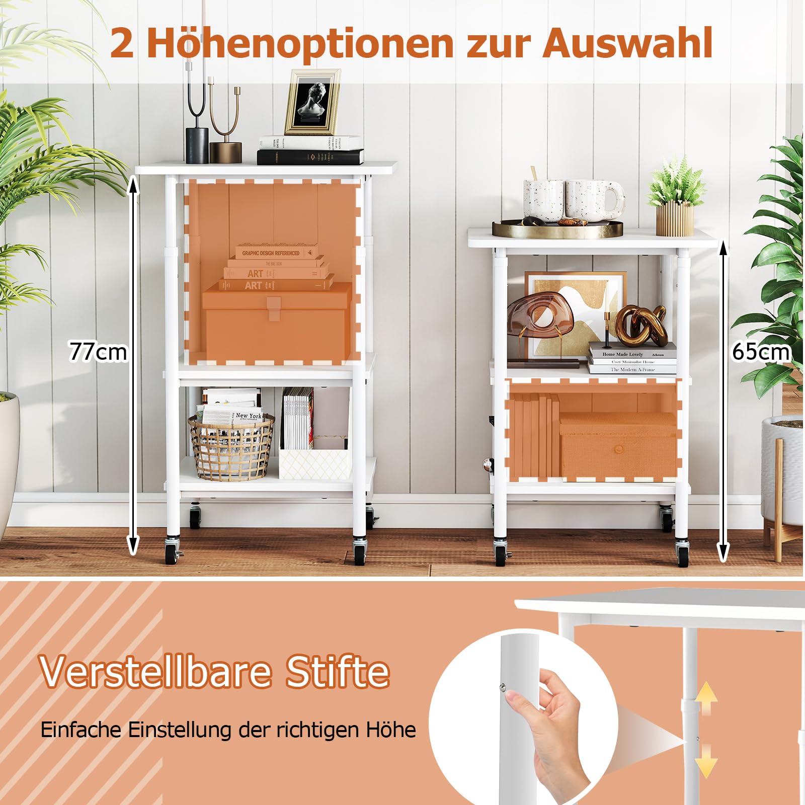 COSTWAY 3-stufiger Druckerständer höhenverstellbar, Druckerwagen mit Ablageflächen & Rollen, Aufbewahrungswagen mobil, Maschinenständer für 3D-Drucker, Faxgerät 49 x 40 x 77 cm (Weiß)