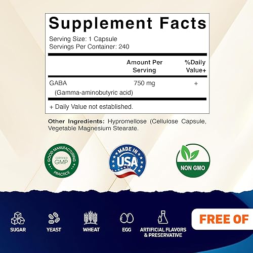 Miniatura 2 de Vitamatic GABA (ácido gamma aminobutírico) 750 mg, 240 cápsulas vegetales, 240 porciones - Sin OMG, sin gluten