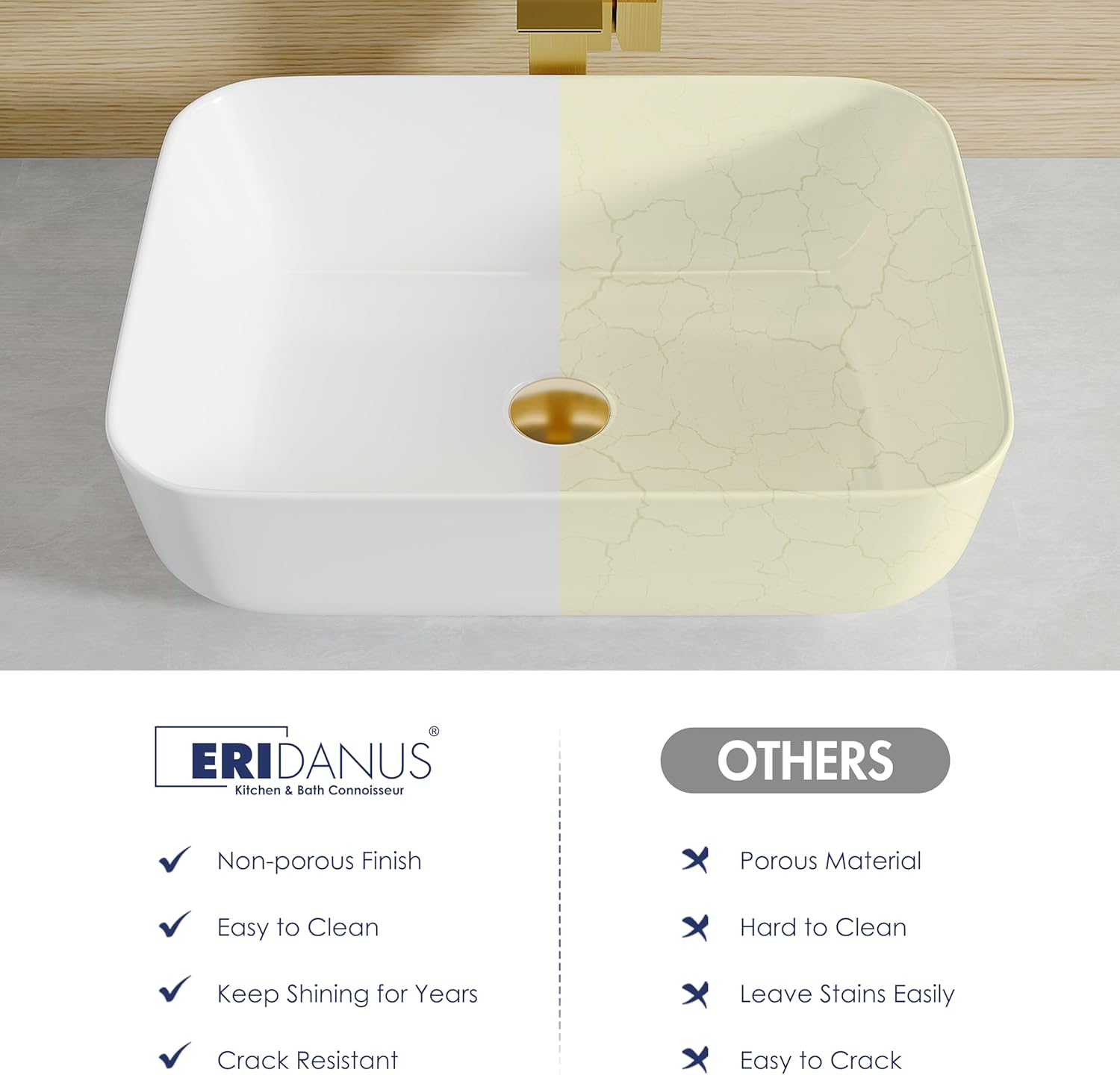 Bathroom Vessel Sink, Eridanus 20" x 15" White Vessel Sink Rectangular Bathroom Sink Porcelain Ceramic Vessel Sinks for Bathroom Vanity Sink Above Counter Basin