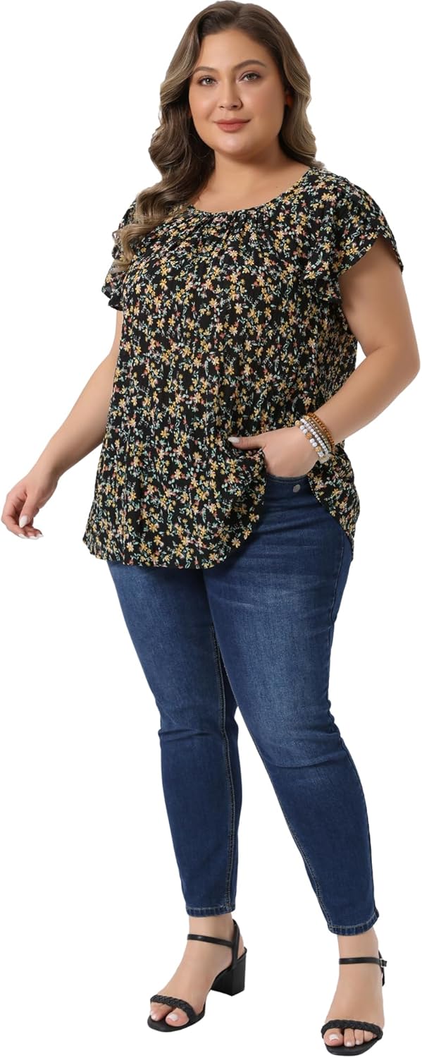 Agnes Orinda Plus Size Summer Tops for Women Floral Crew Neck Pleated Front Tulip Sleeve Dressy Blouse - Image 3