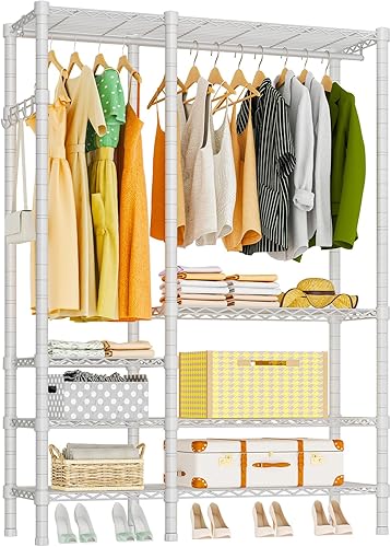 Miniatura 10 de Perchero de Ropa de Alta Resistencia, Perchero de Ropa Portátil para Armario de Pie Ajustable con 7 Niveles de Estantería de Alambre Ajustable y 4