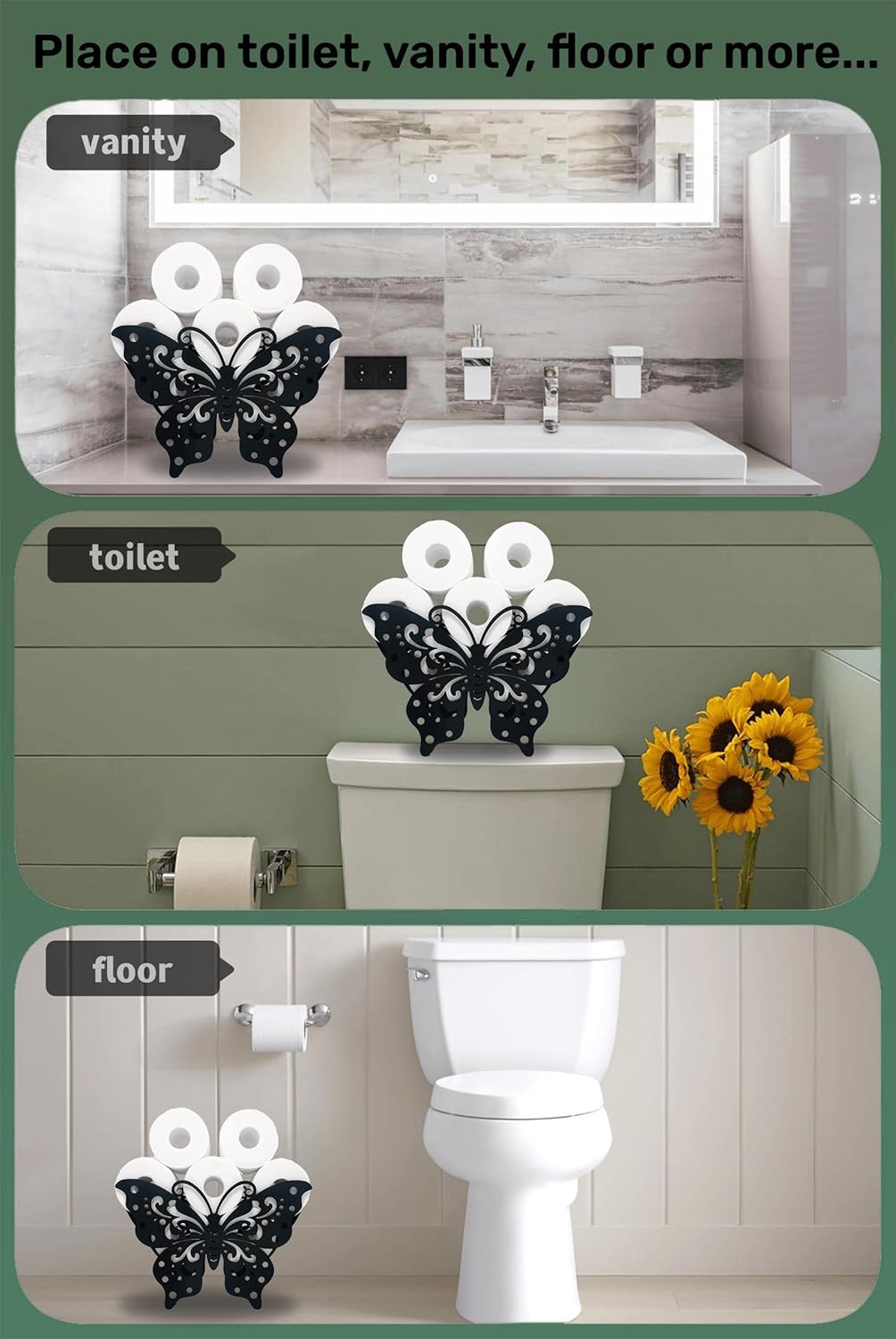 Teaeeno Black Butterfly Toilet Holder Paper Storage,Funny Animal Storage Paper Holders for Bathroom,Freestanding Metal Toilet Papers Organizer Hold Extra 8 Rolls